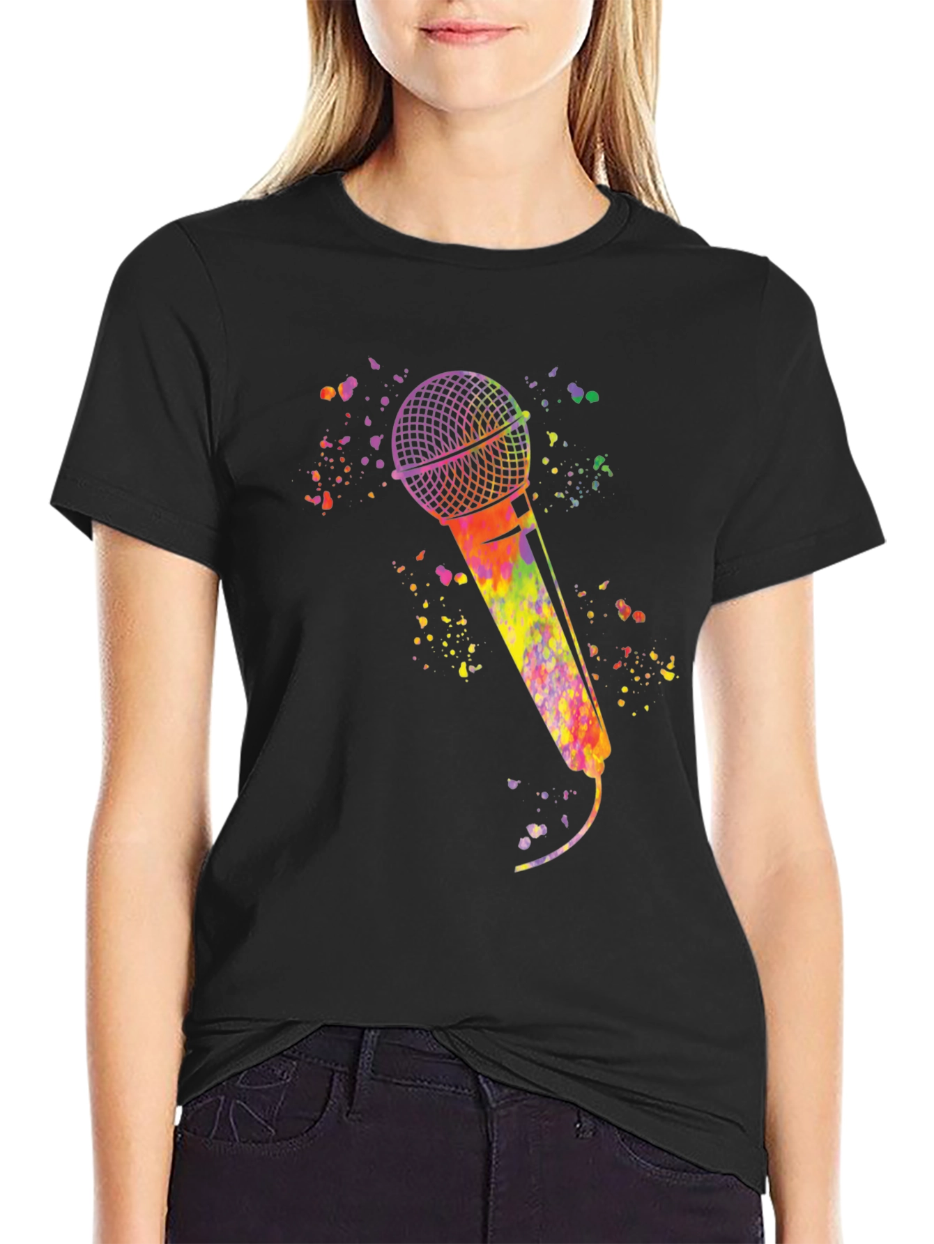 Black Watercolor Microphone Black T-Shirt view 2