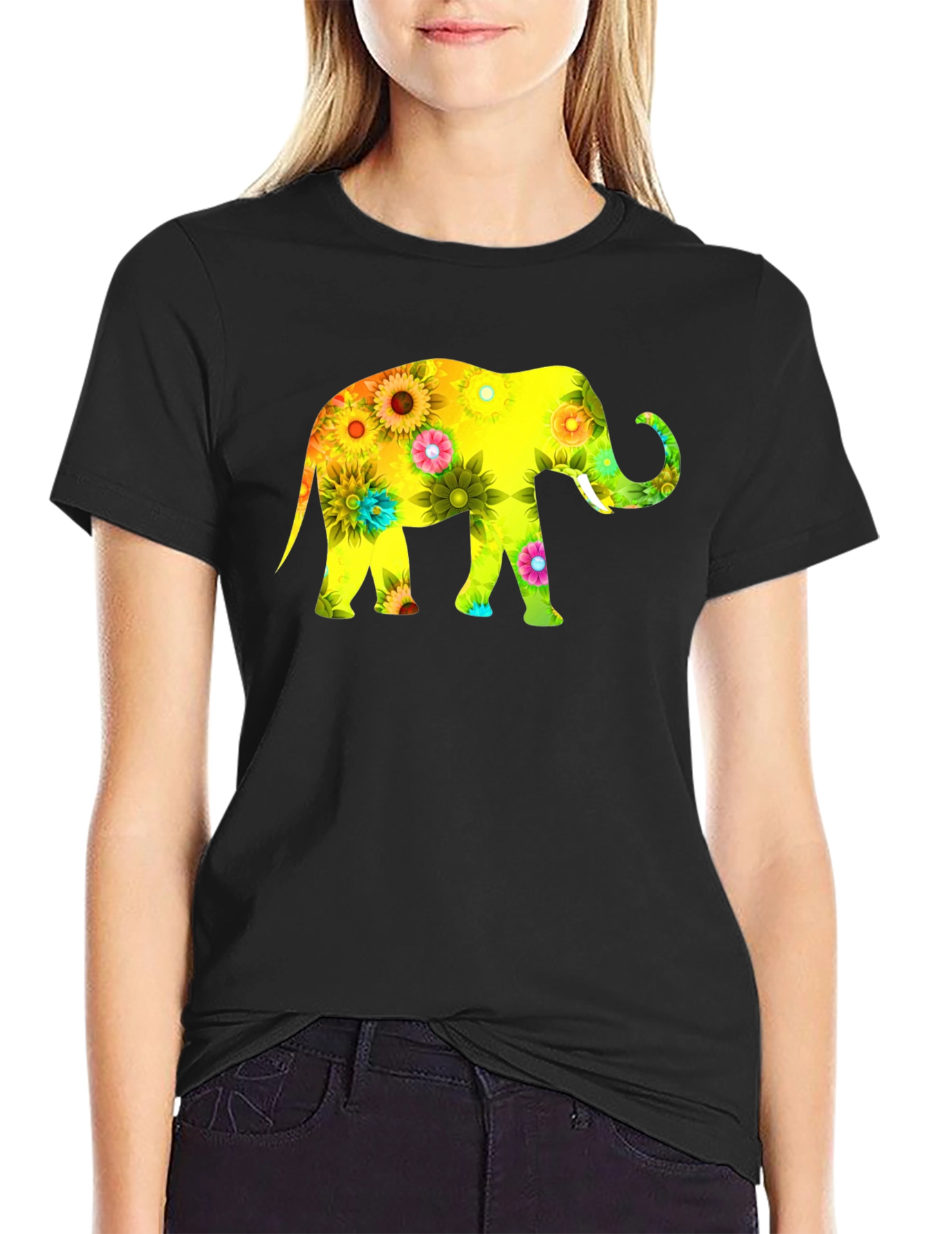 Black Floral Elephant Graphic Print T-Shirt view 2