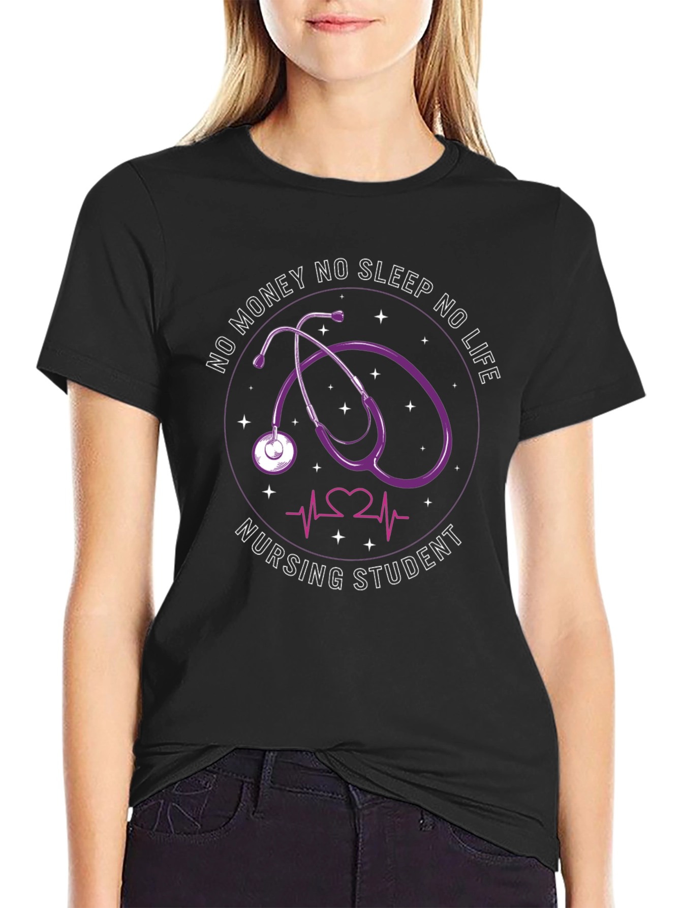 Black Nursing Student Stethoscope T-Shirt - No Money No Sleep view 2