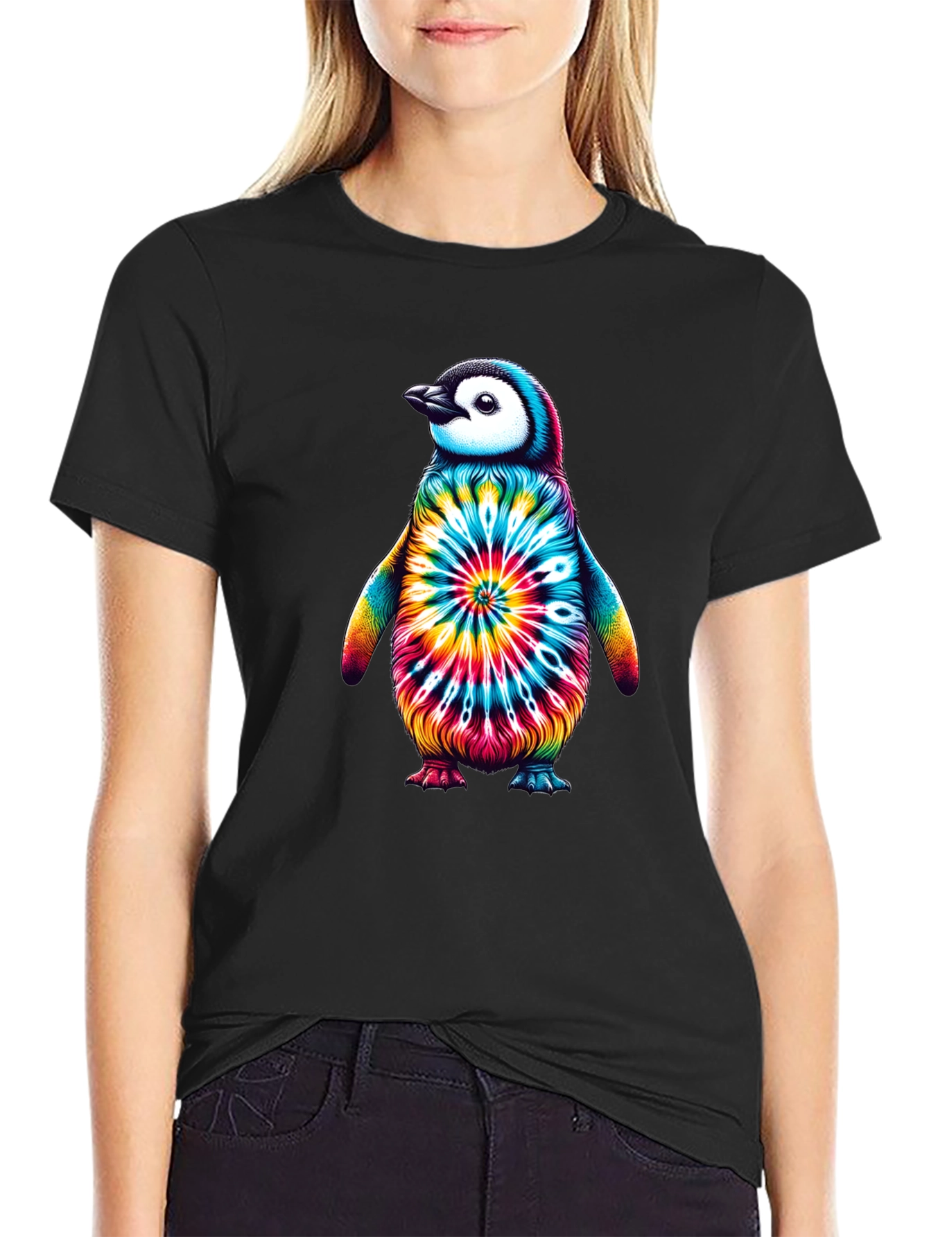 Black Tie-Dye Penguin Graphic Tee - Unique Unisex Design view 2