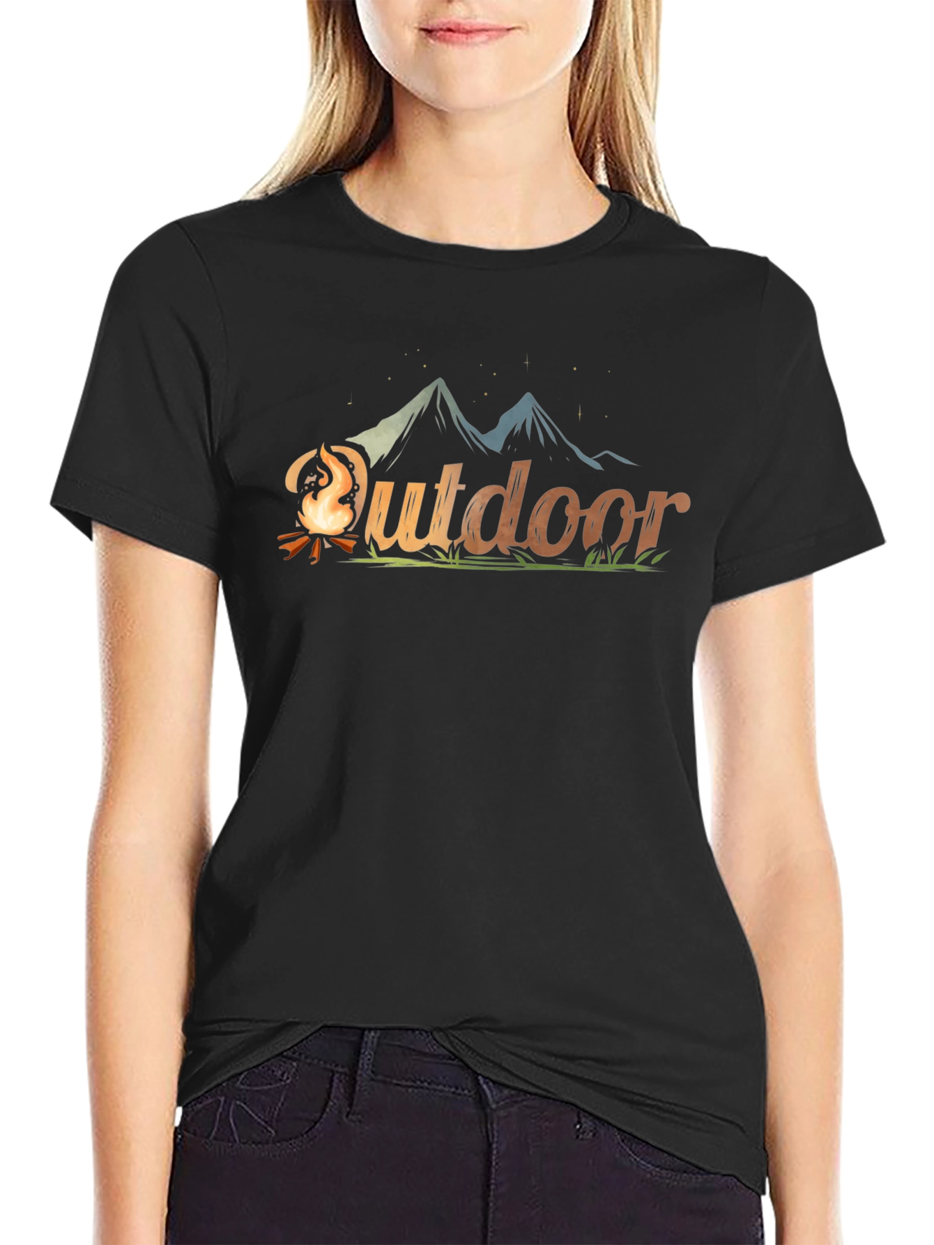 Black Outdoor Adventure Black T-Shirt - Campfire Design view 2