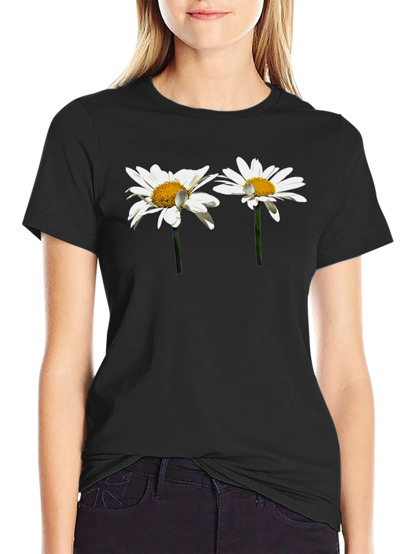 Black Daisy Flower Graphic T-Shirt - Stylish Casual Wear view 2