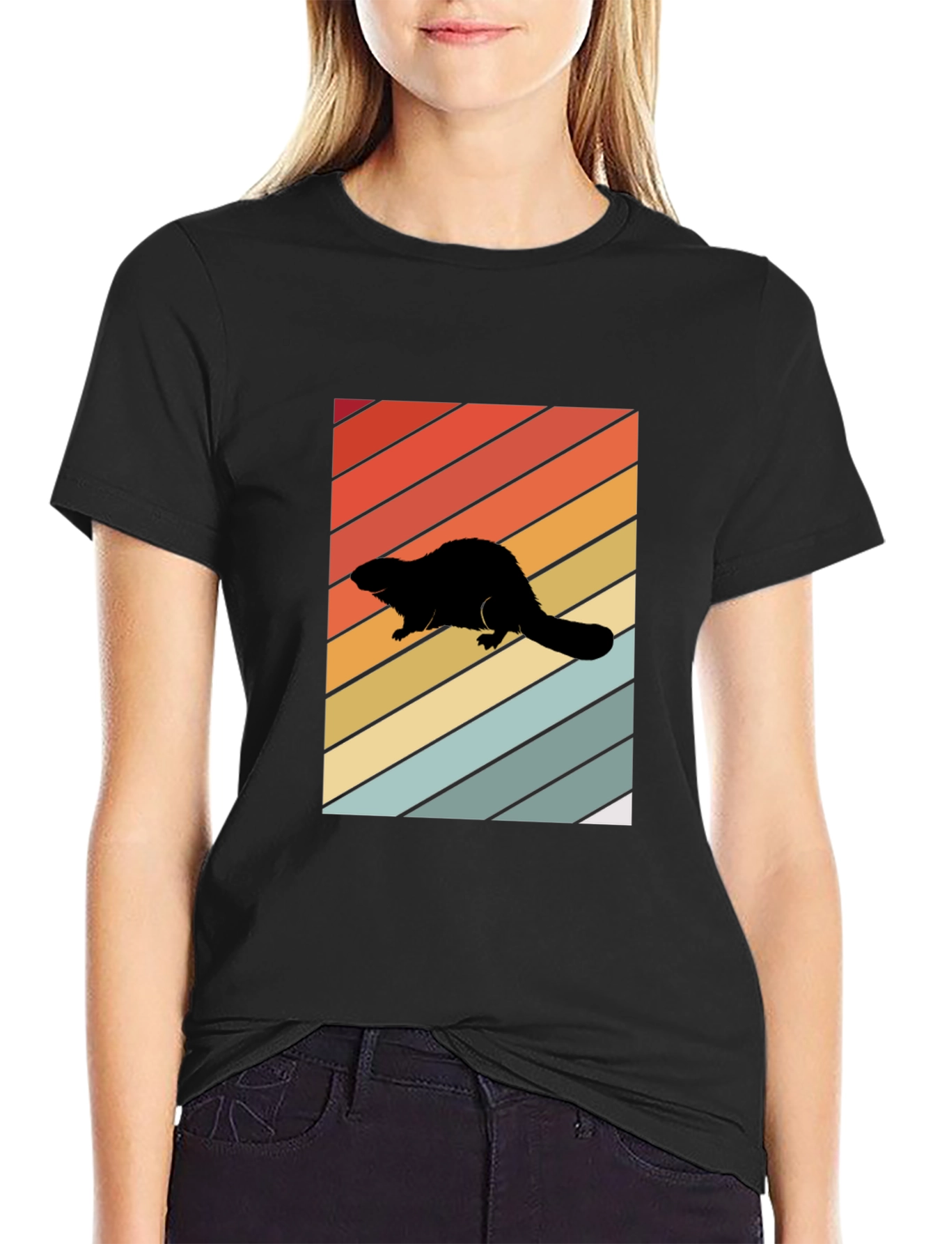 Black Retro Beaver Silhouette T-Shirt view 2