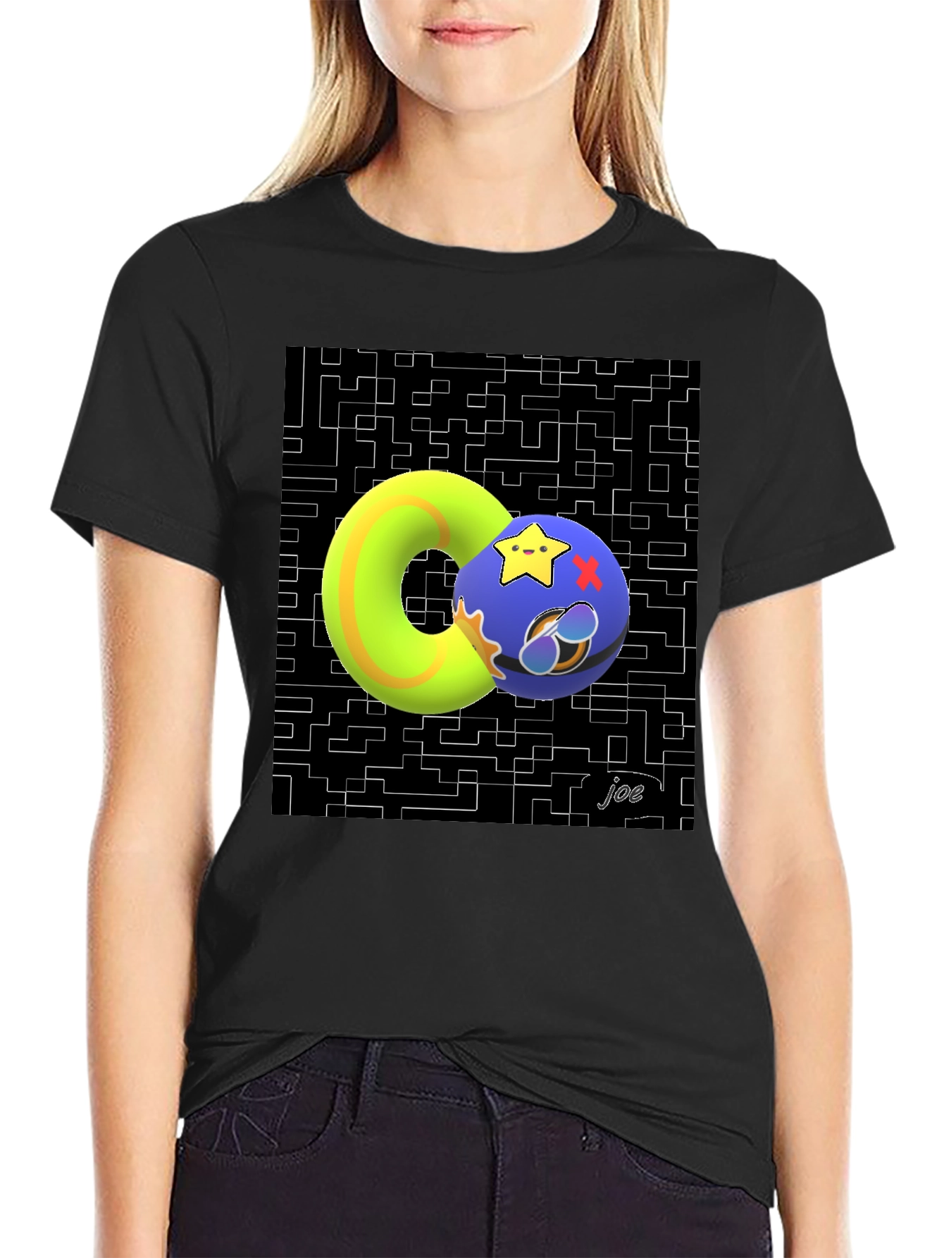 Black Geometric Graphic Tee - Funky Donut and Star Ball Design view 2