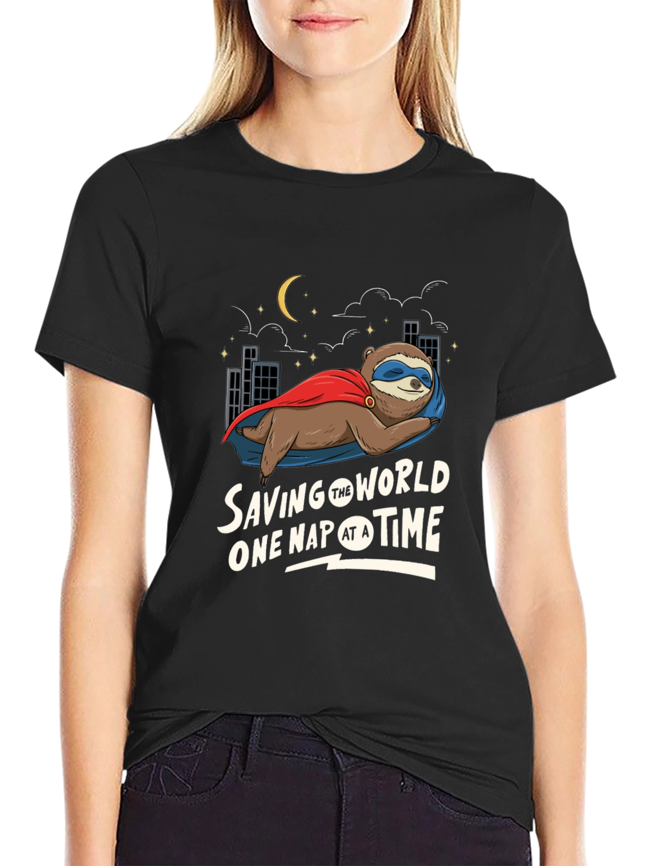 Black Saving The World One Nap At A Time Sloth T-Shirt view 2