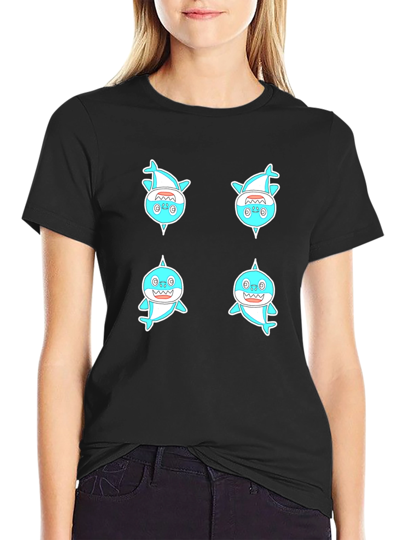 Cute Shark Pattern Men's Black T-Shirt - 2