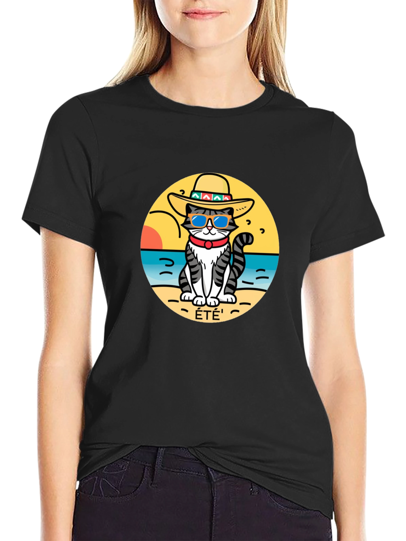 Black Summer Cat T-Shirt - Beach Vibes view 2