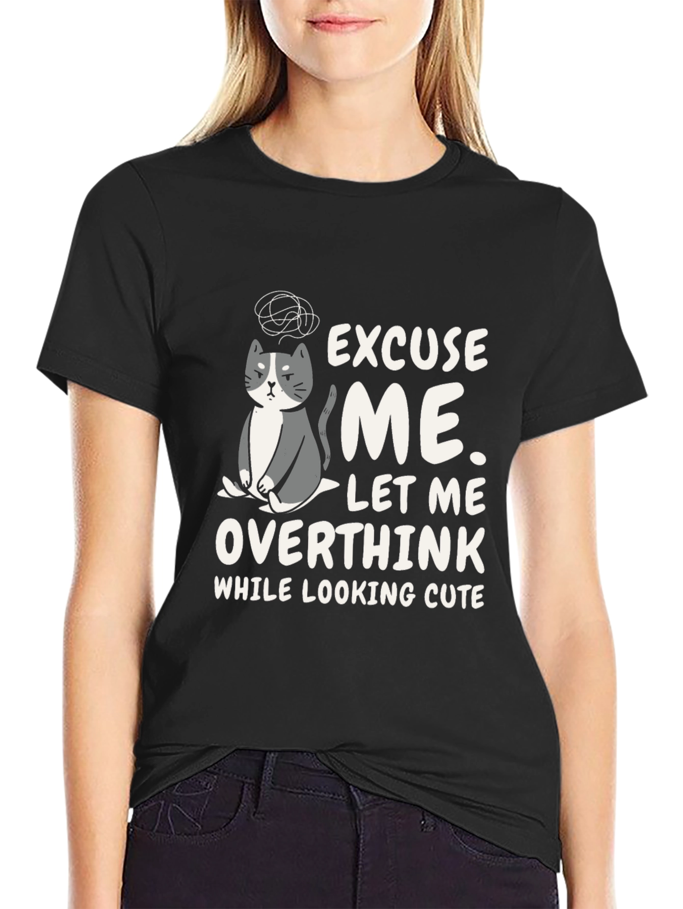 Black Overthinking Cat Graphic T-Shirt view 2