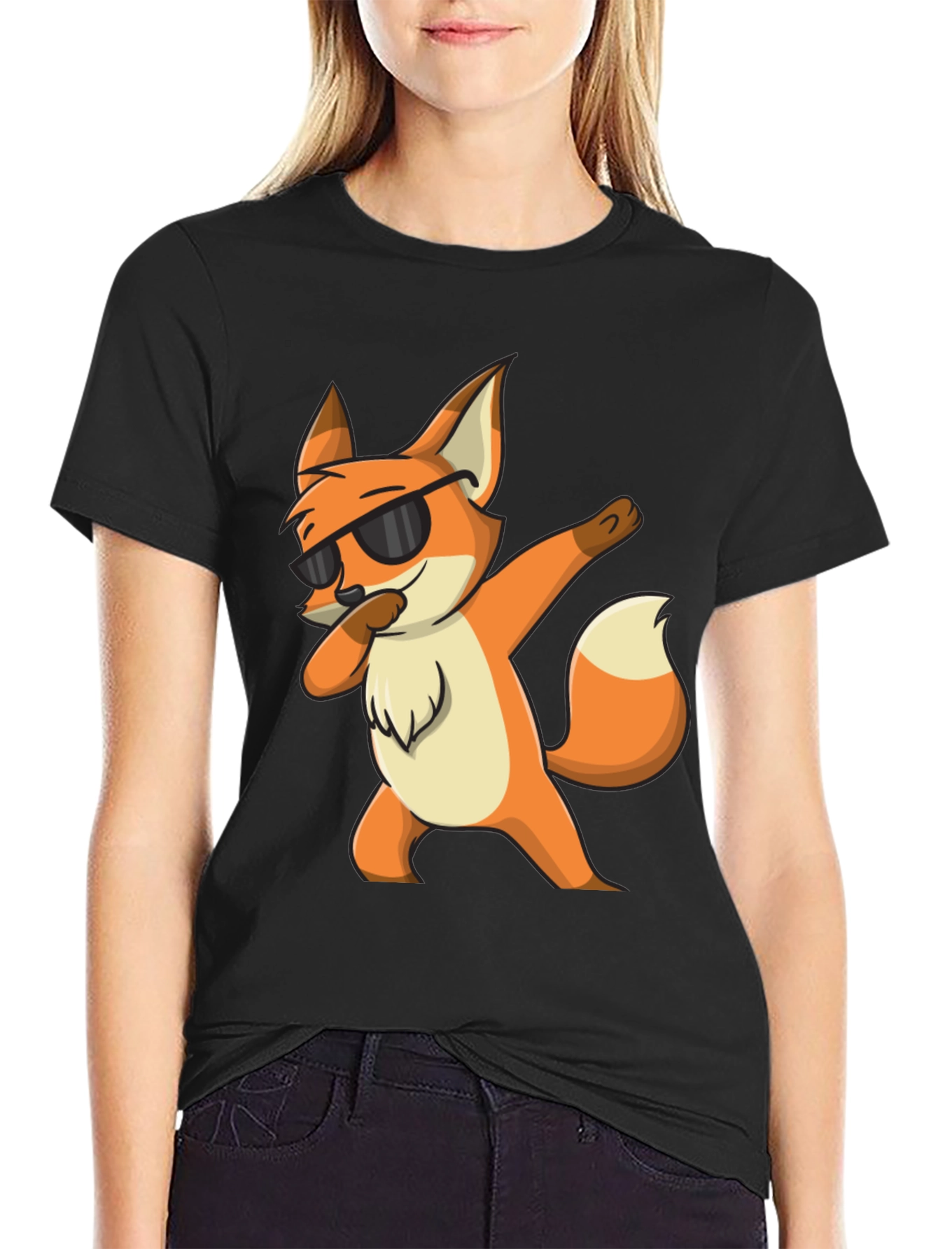 Black Cool Fox Dabbing Graphic Black T-Shirt view 2