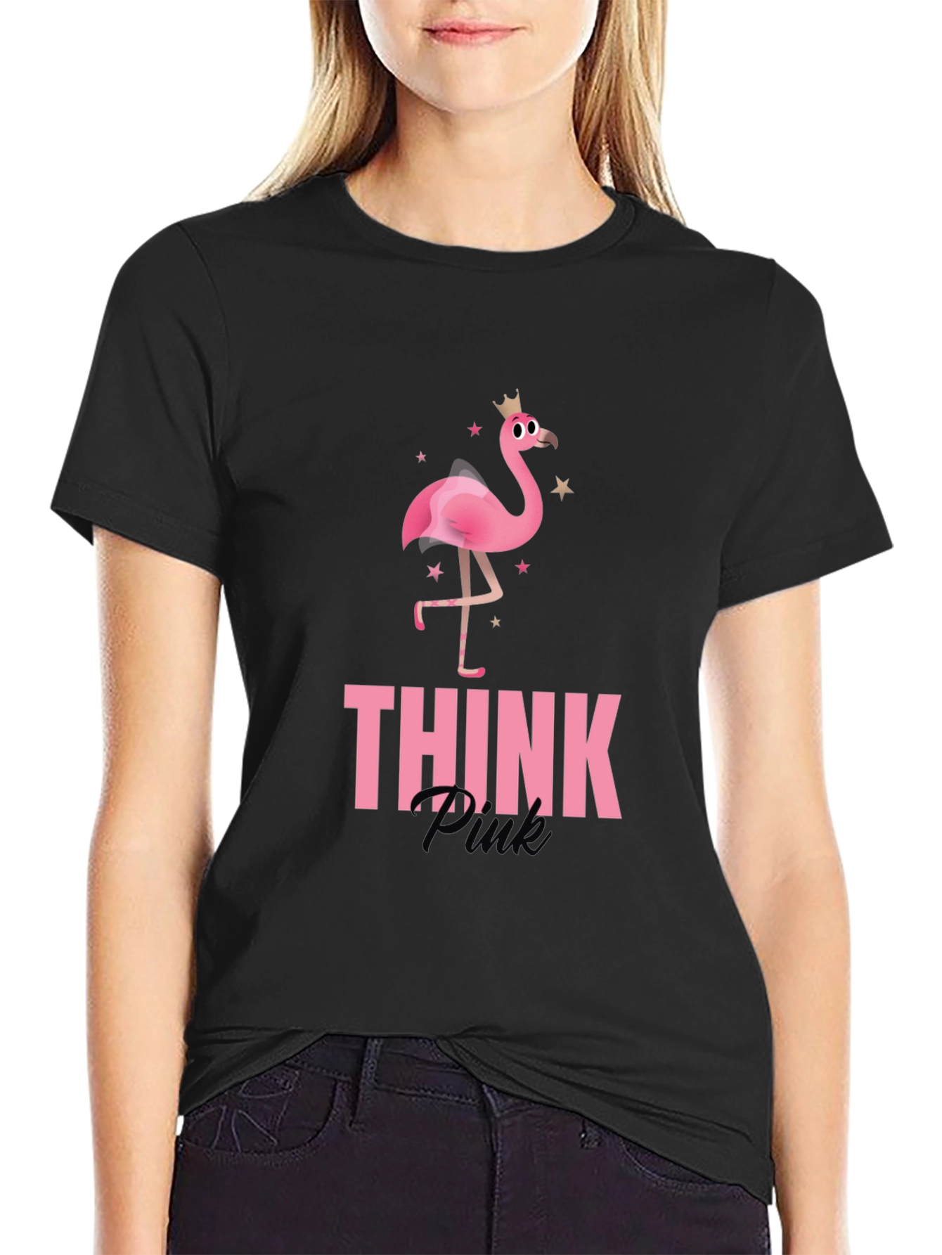 Black Think Pink Flamingo Graphic Tee - Black view 2