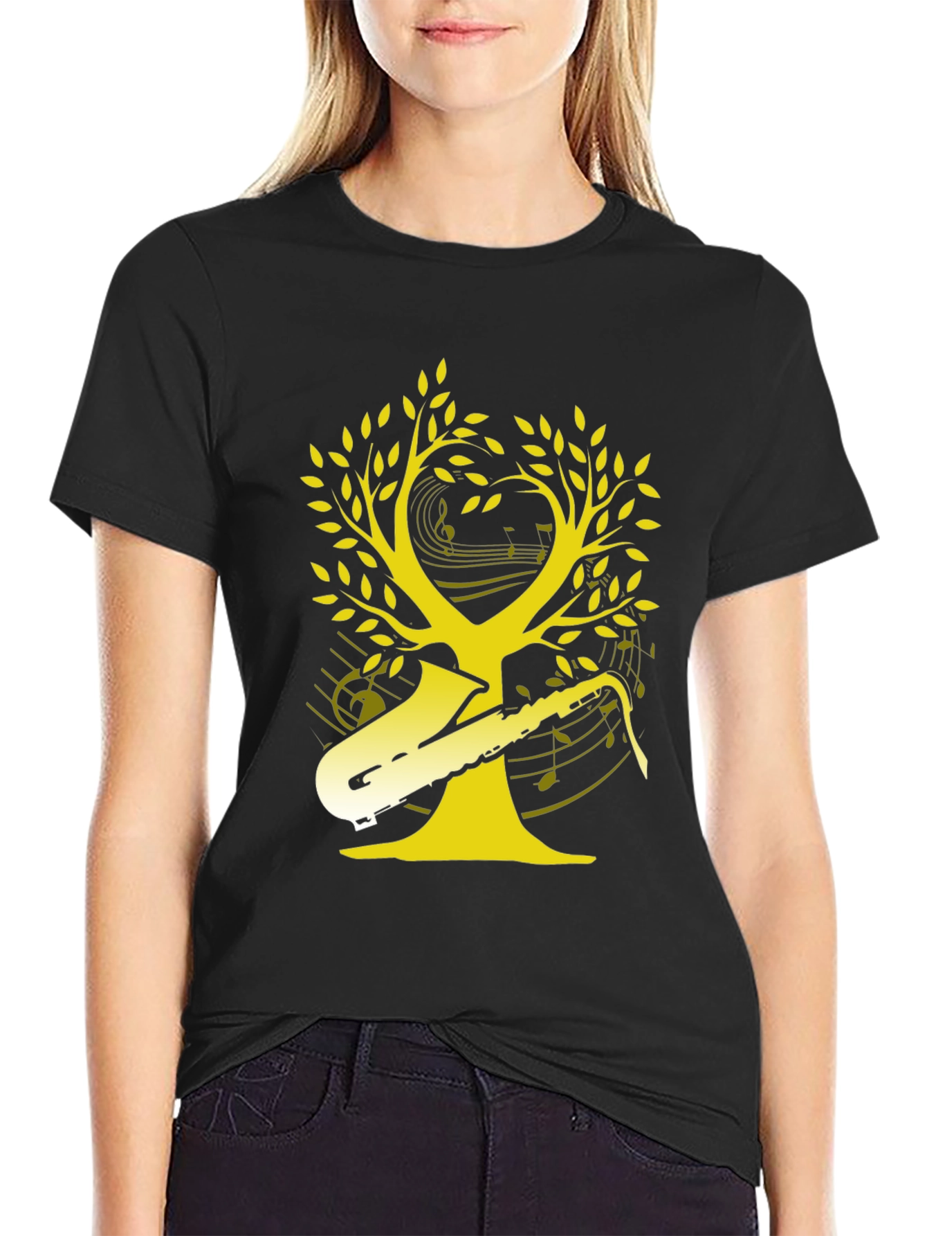 Black Saxophone Music Tree Graphic T-Shirt view 2