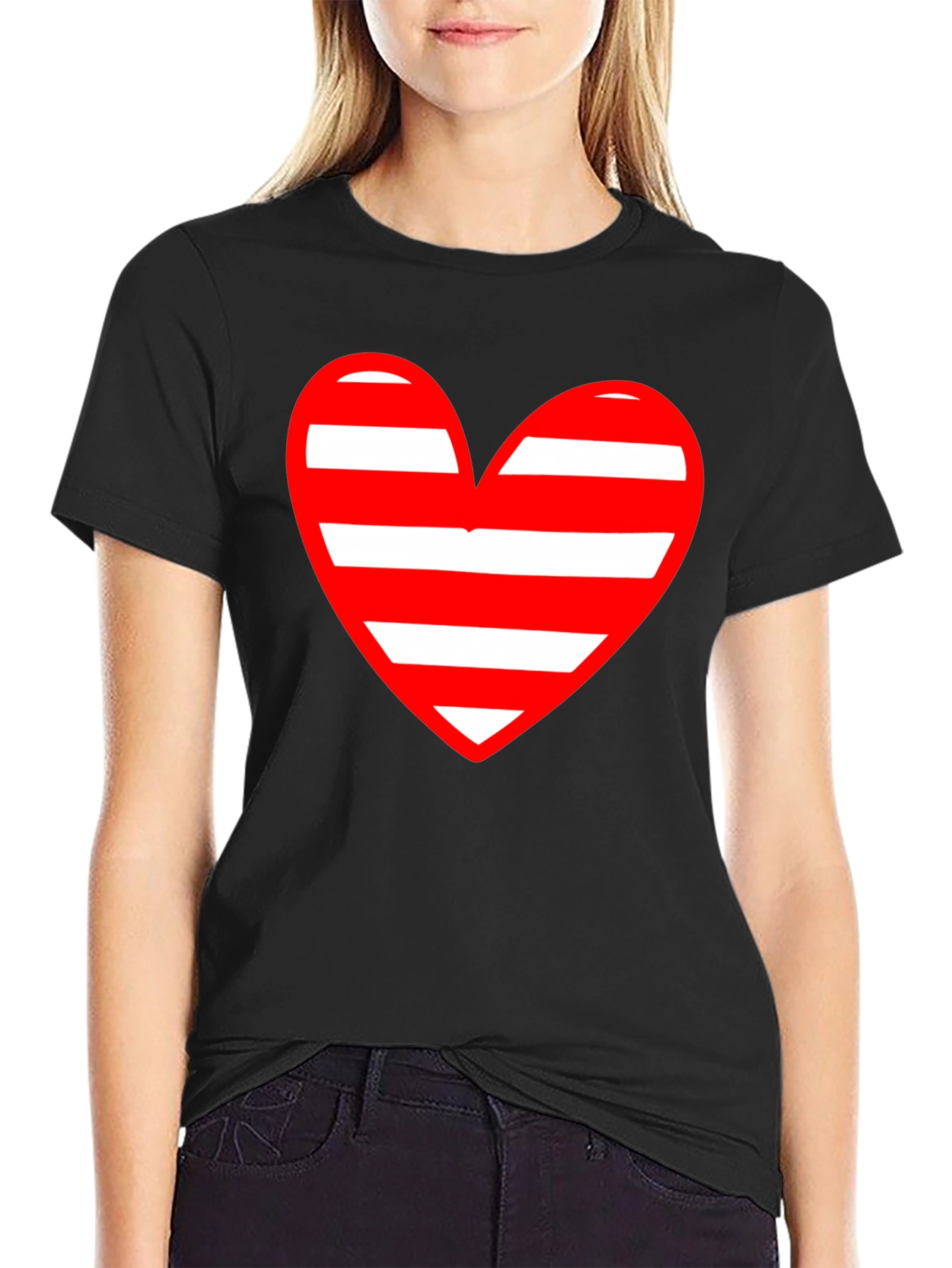 Black Striped Heart Graphic Black T-Shirt view 2