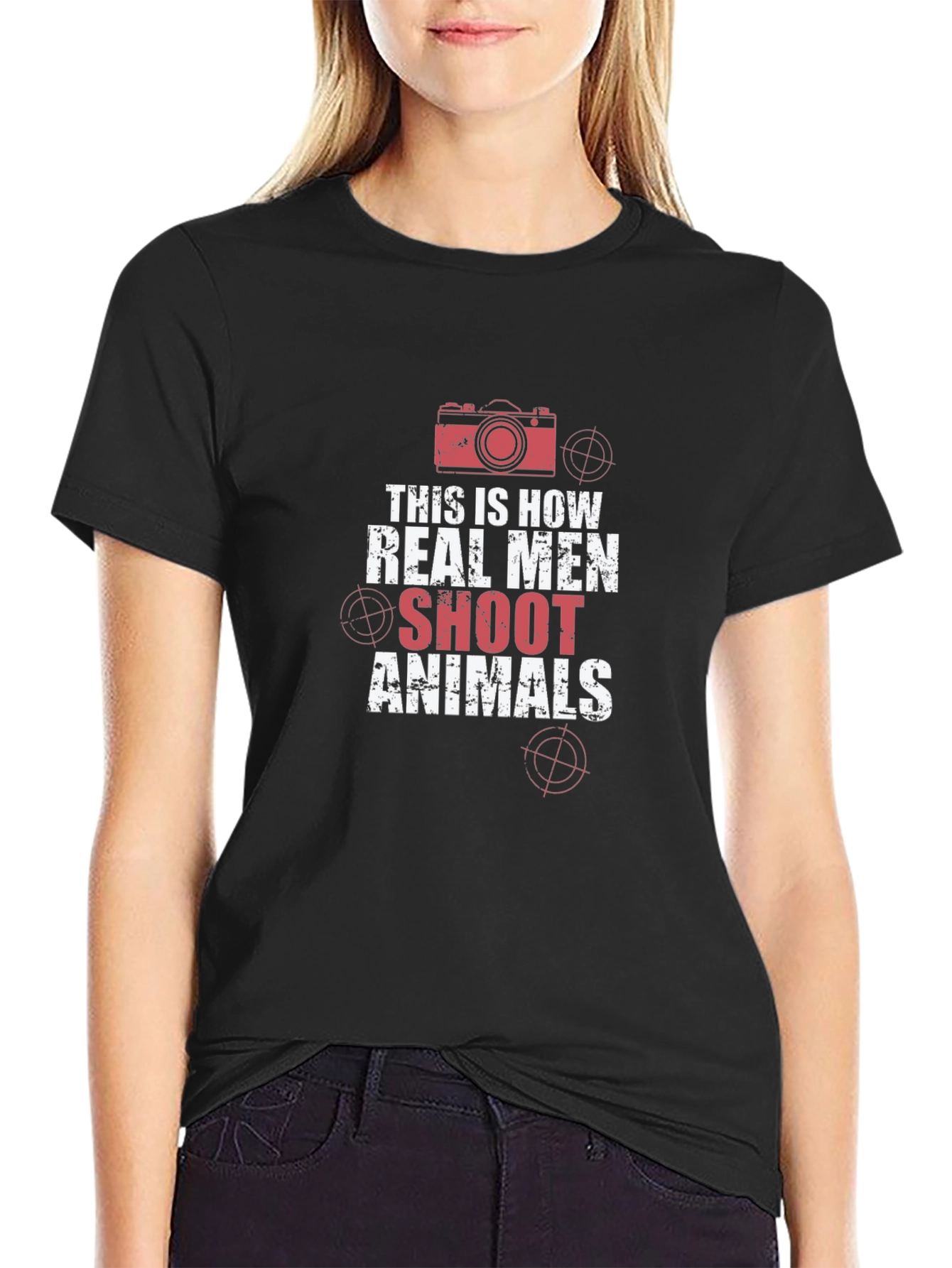 Black Real Men Shoot Animals T-Shirt Photography Humor view 2