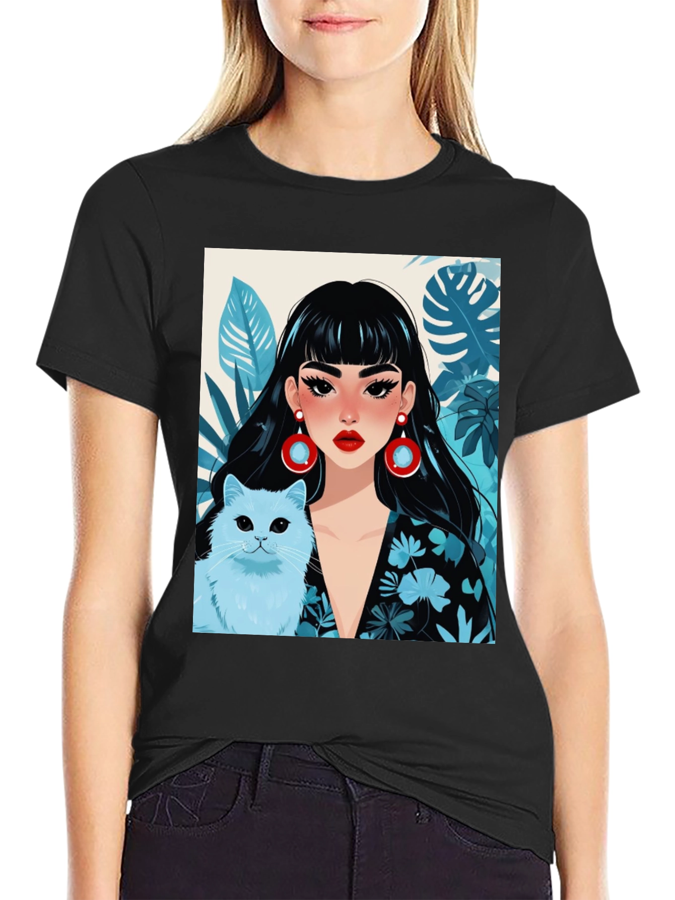 Black Trendy Graphic Tee - Woman & Cat view 2