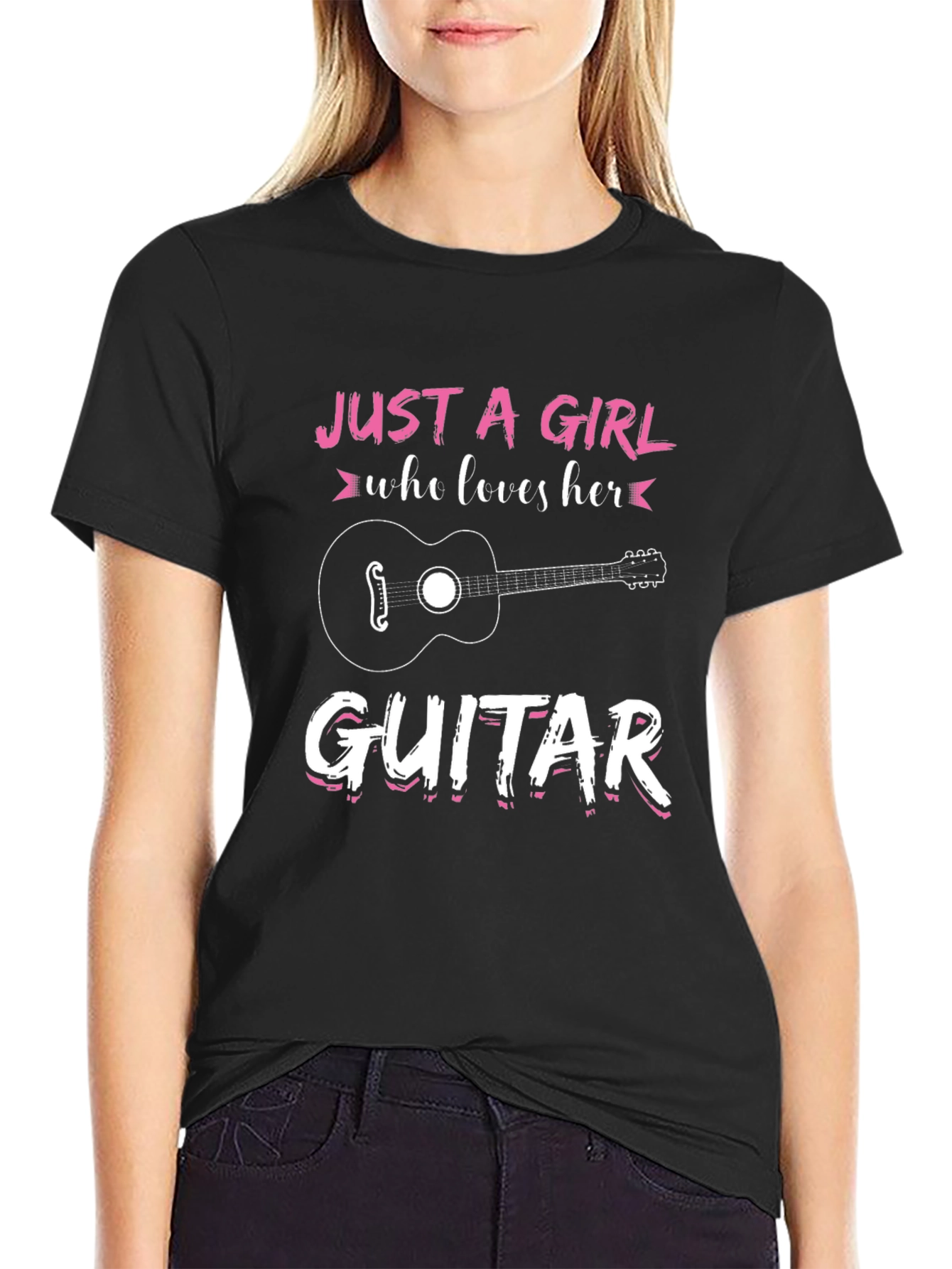 Black Just A Girl Who Loves Her Guitar Black Graphic Tee view 2