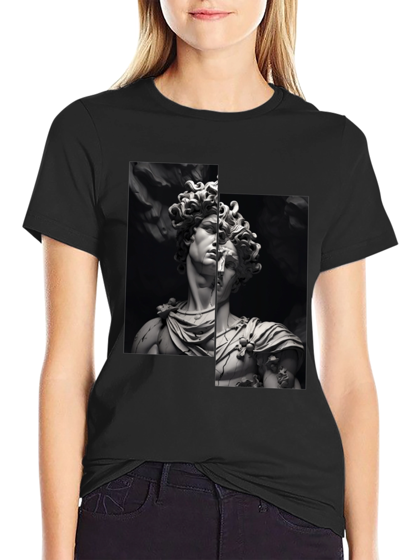 Black David Sculpture Graphic Tee - Black Cotton T-Shirt view 2