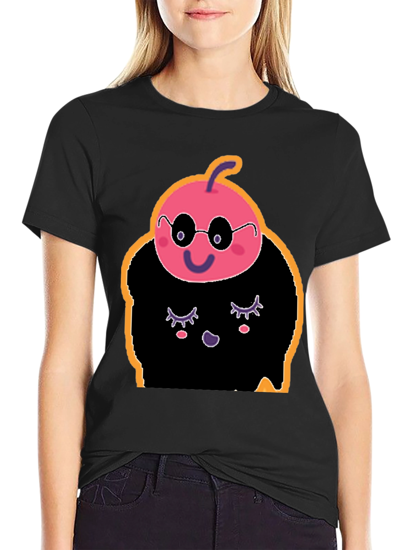 Black Whimsical Cartoon Character Black T-Shirt view 2