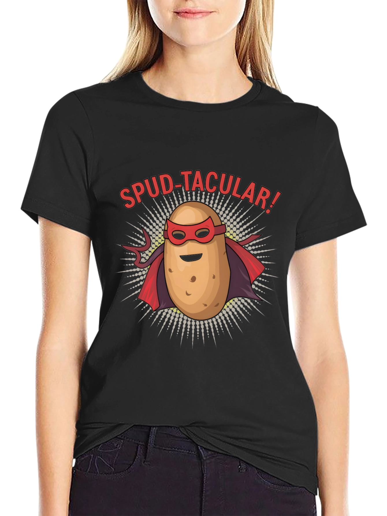 Black Spud-tacular Potato Superhero Black T-Shirt view 2