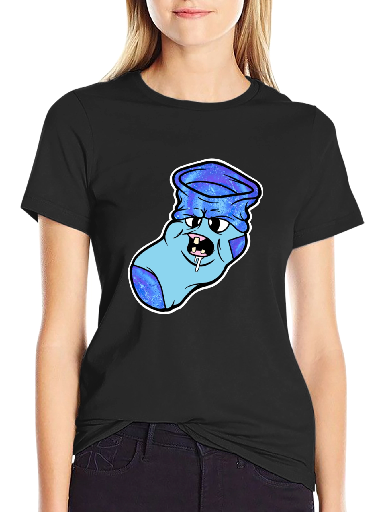 Black Cartoon Sock Monster Graphic T-Shirt view 2
