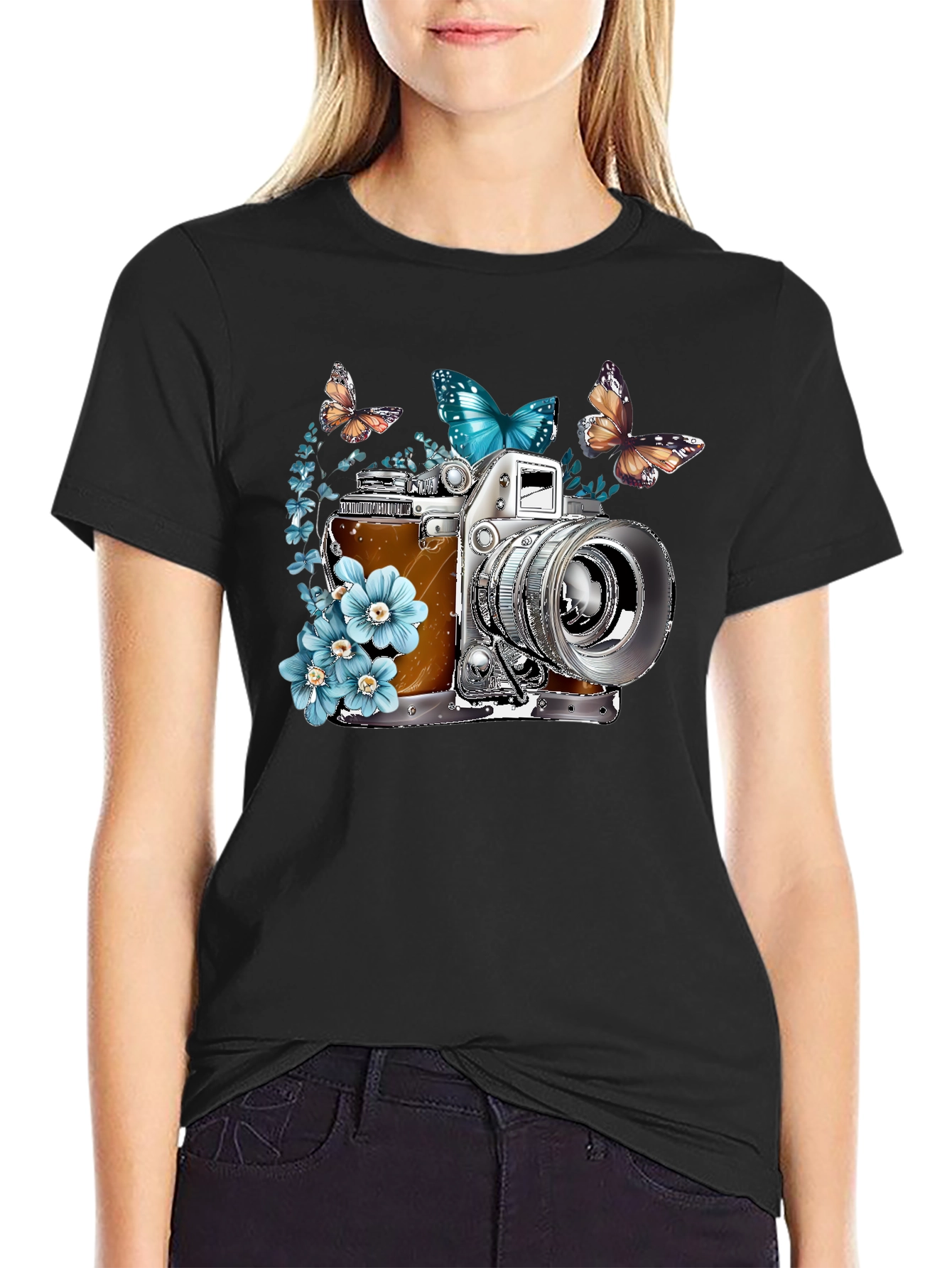 Black Vintage Camera & Butterfly Graphic Tee view 2