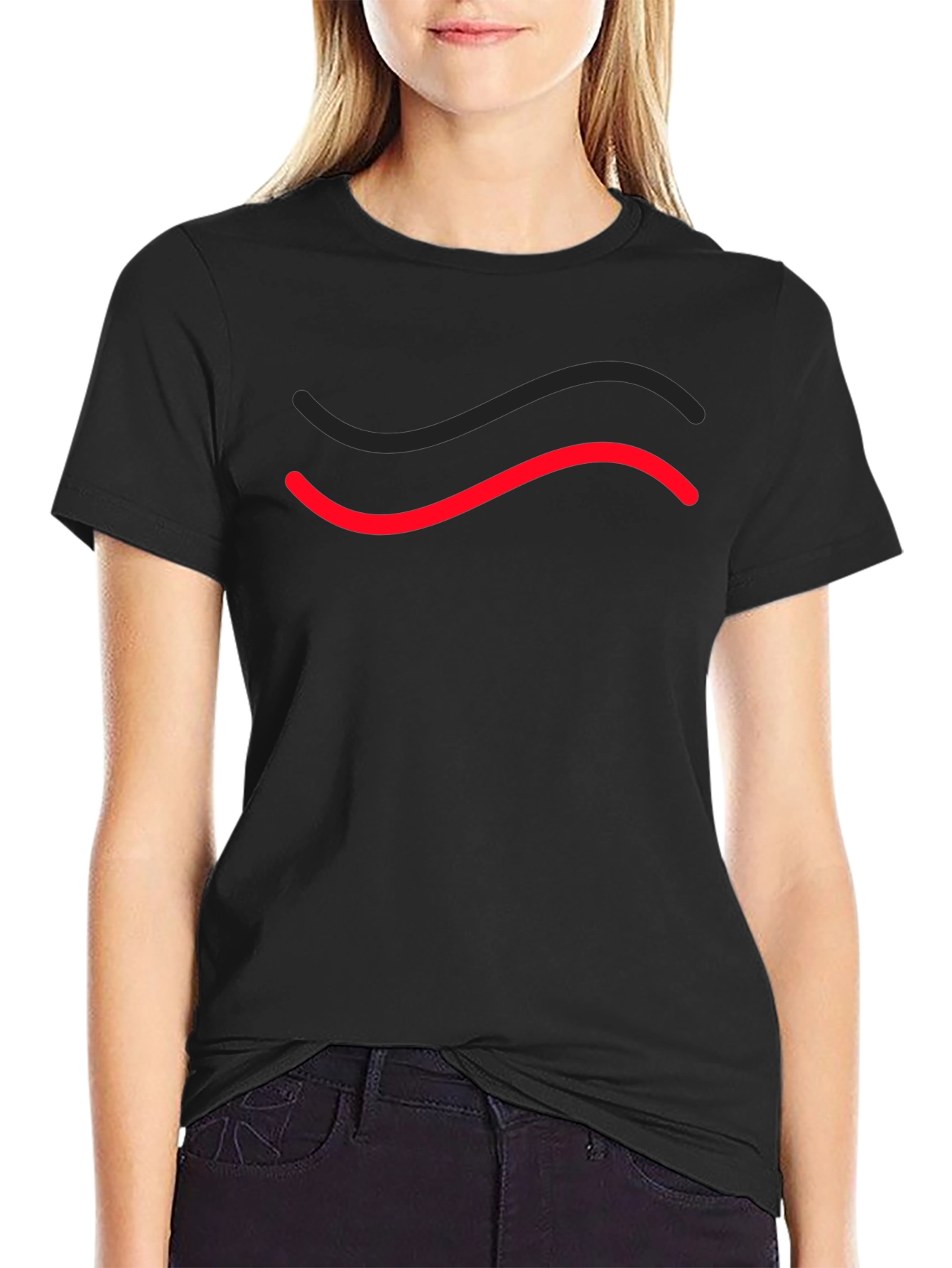 Black Men's Black T-Shirt with Red & Black Wave Design view 2