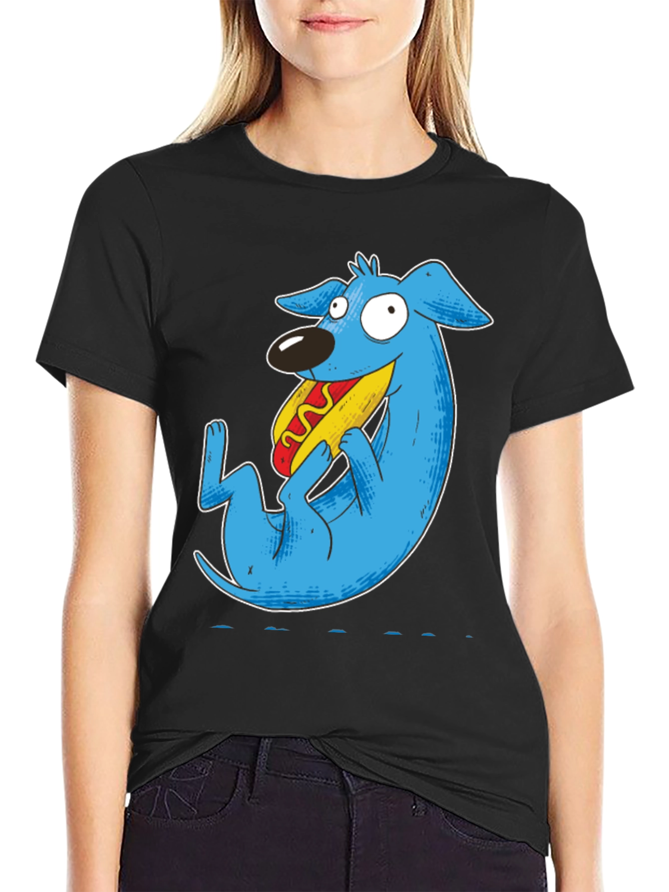 Black Cartoon Blue Dog Eating Hotdog Black T-Shirt view 2
