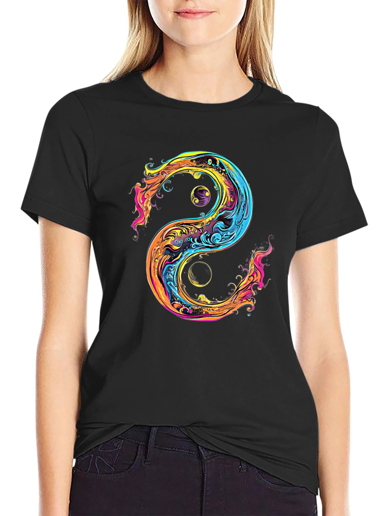 Black Yin Yang Graphic Black T-Shirt view 2