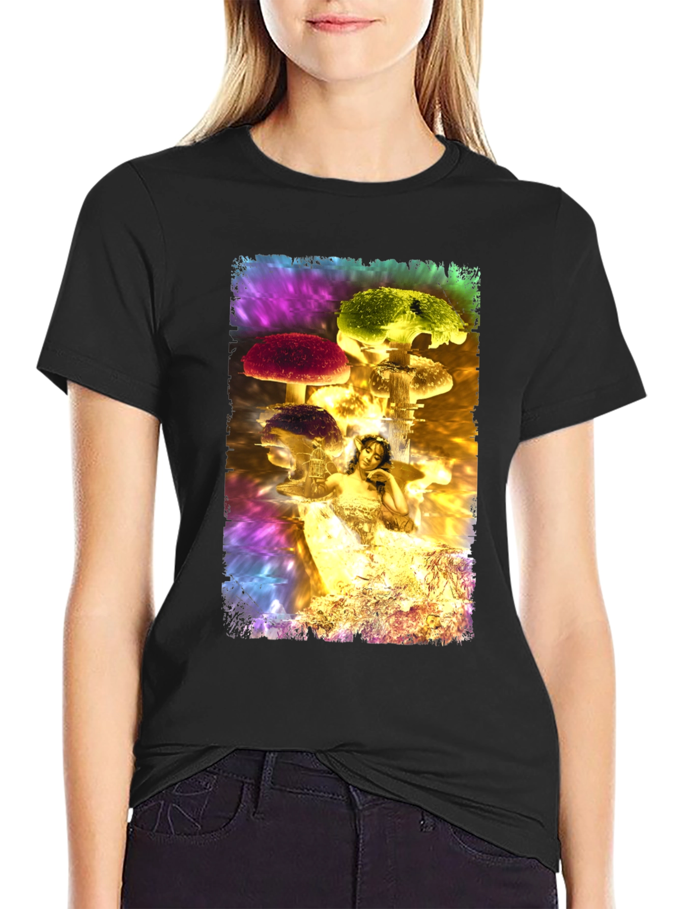 Black Fantasy Mushroom Fairy Graphic T-Shirt view 2