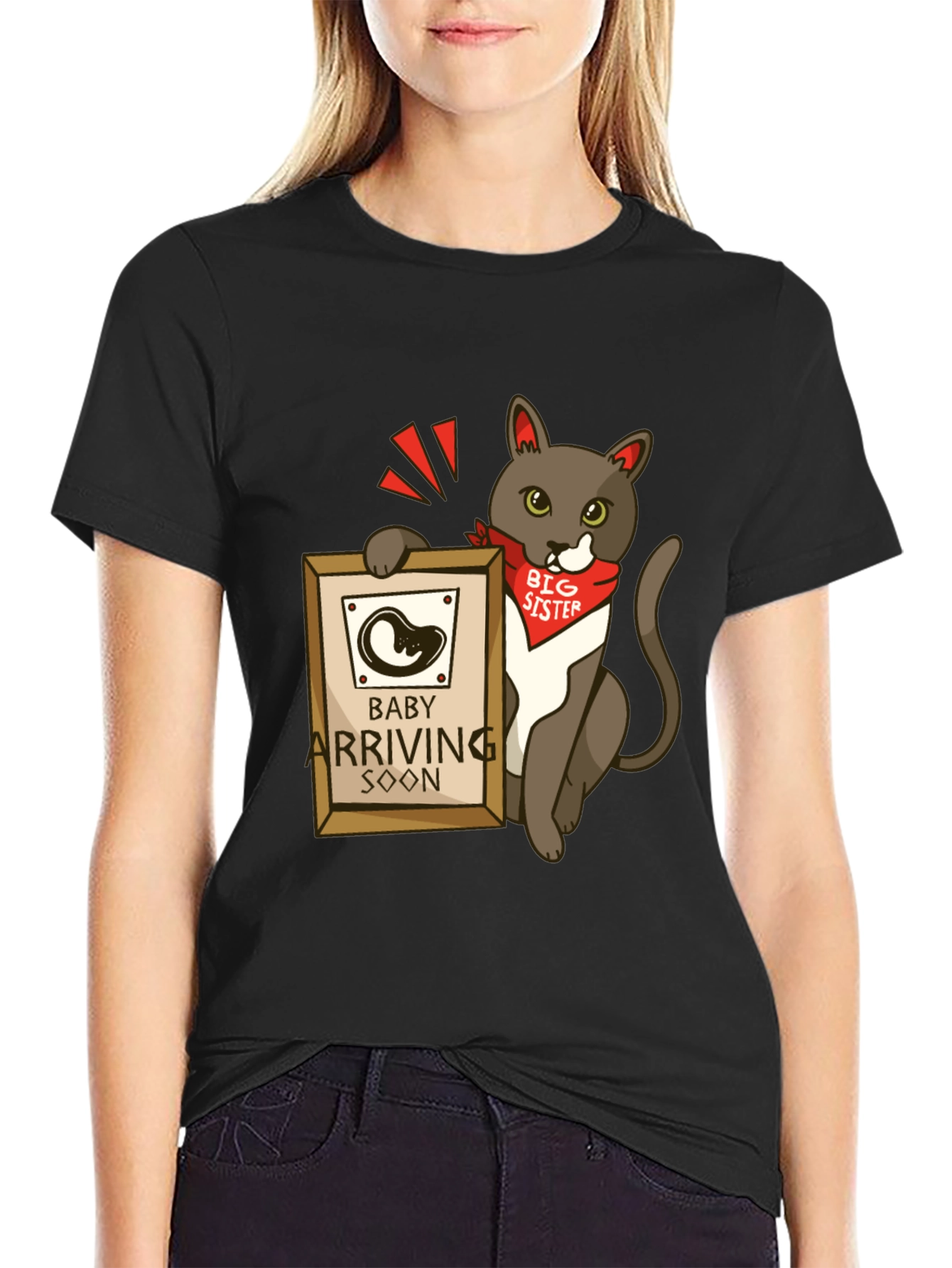 Black Big Sister Cat T-Shirt - Baby Announcement Tee view 2