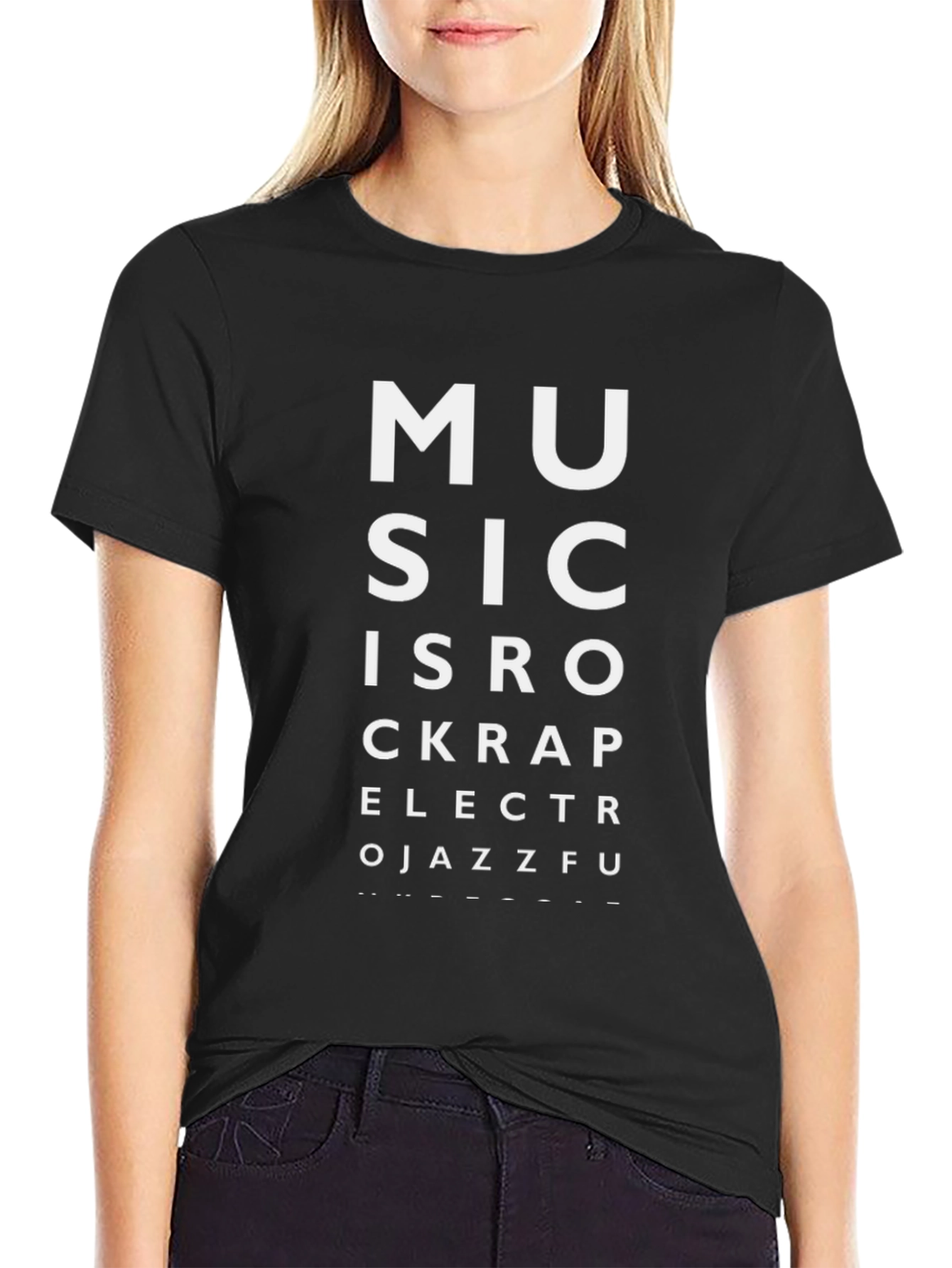 Black Music Genre Eye Chart Black T-Shirt view 2