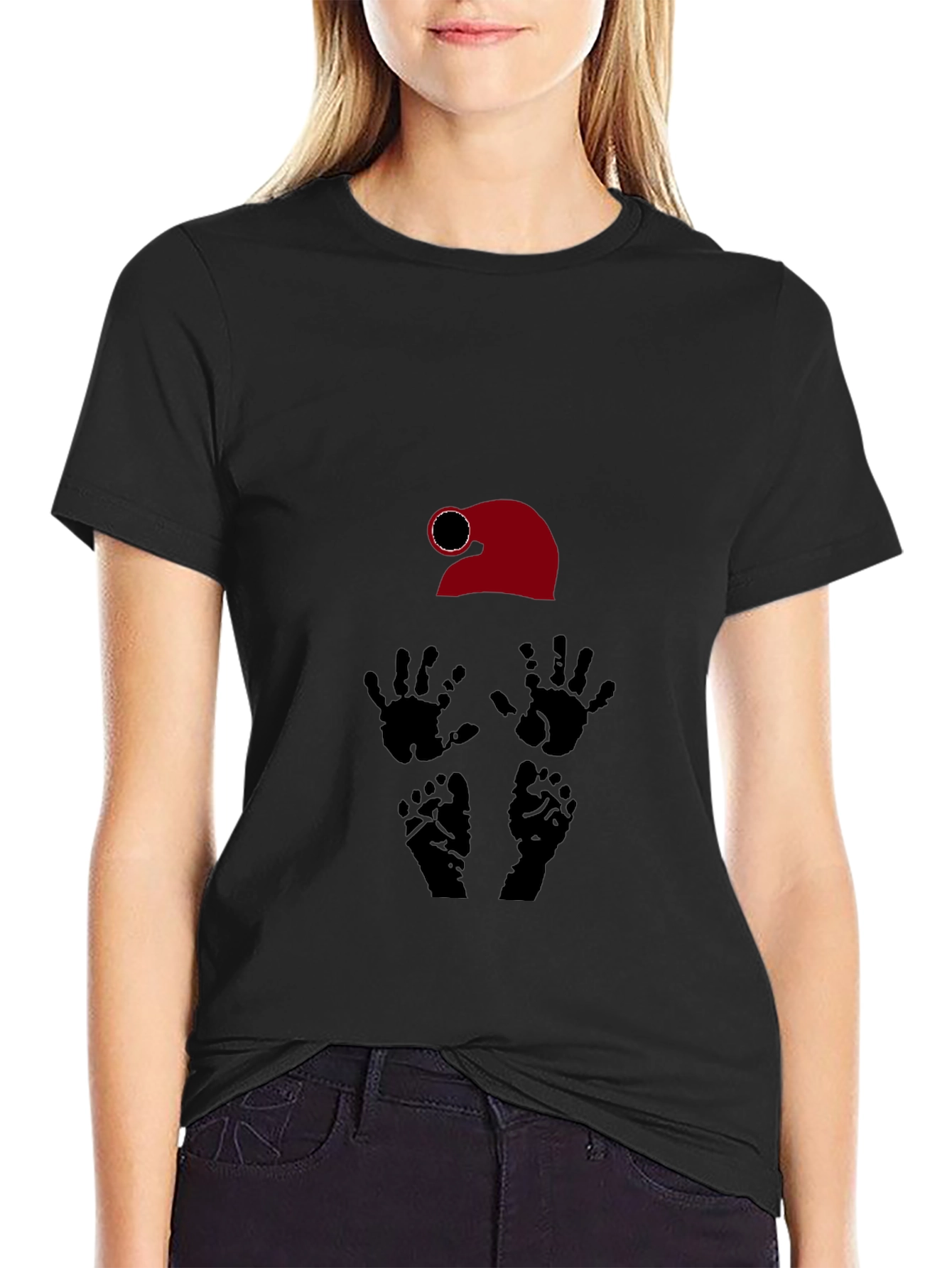 Black Novelty Graphic T-Shirt: Santa Hat, Hands, Feet Design view 2