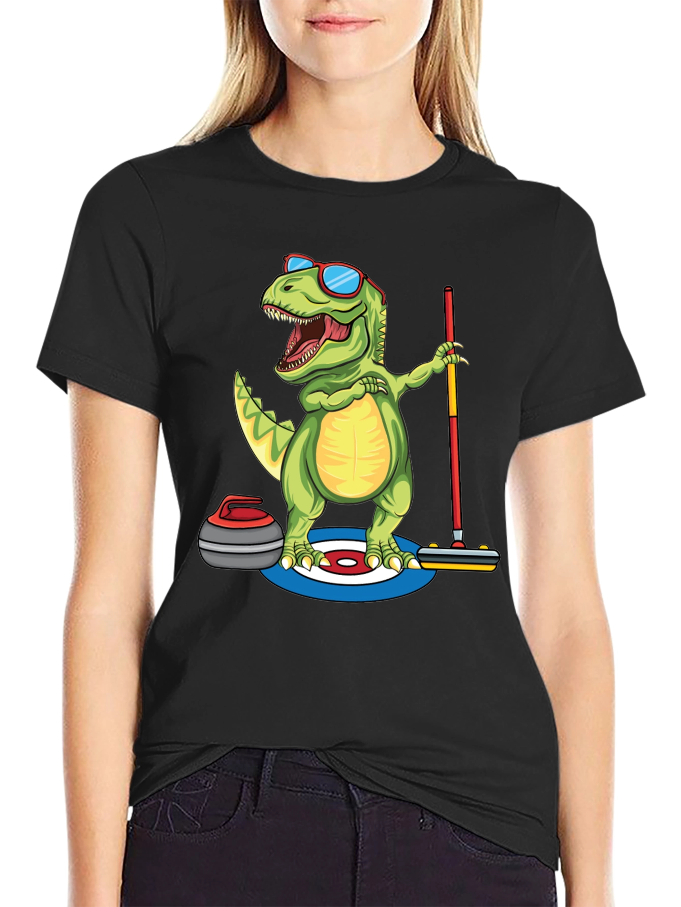 Black Dinosaur Curling T-Shirt - Funny Dino Design view 2