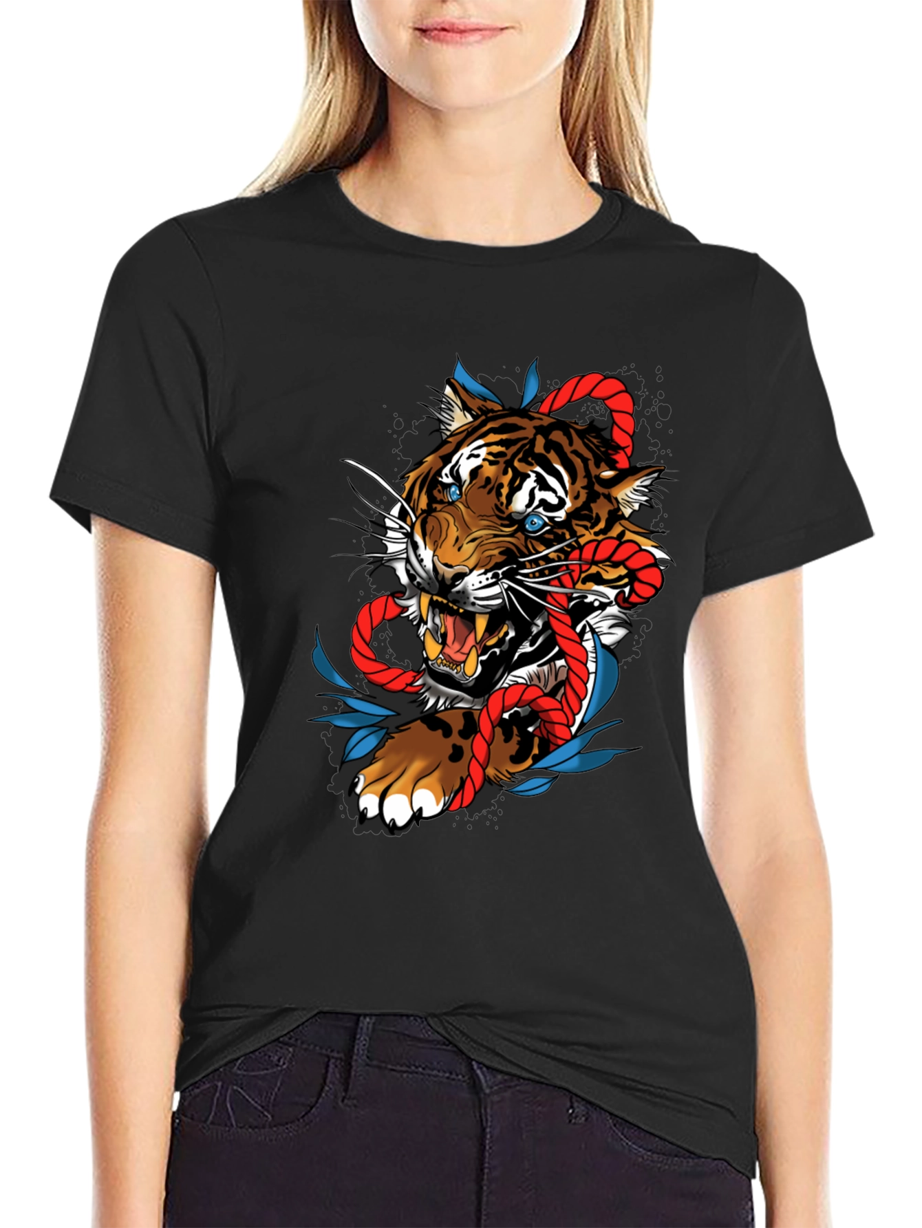 Black Tiger and Rope Graphic Tee - Unique Design view 2