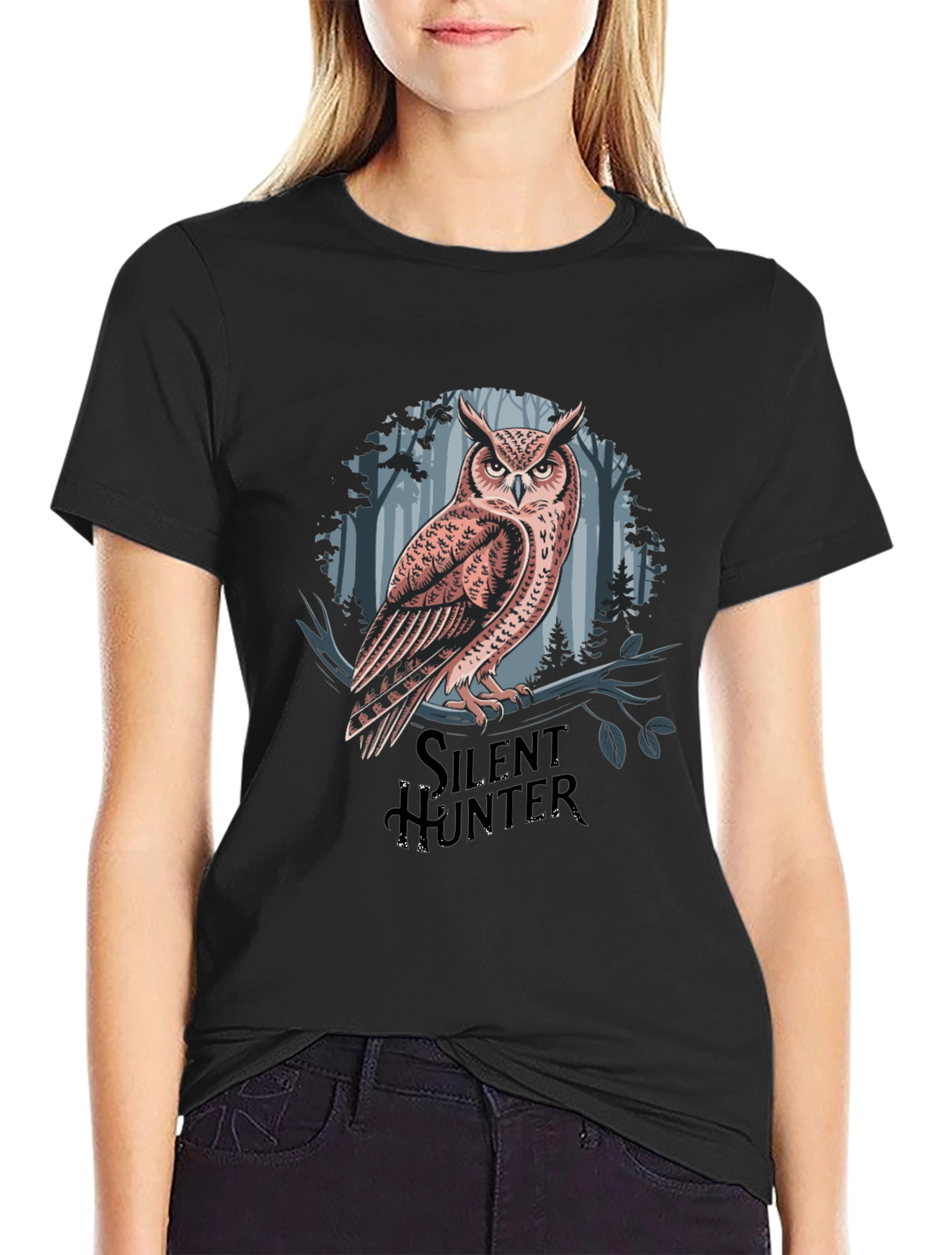 Black Silent Hunter Owl Graphic Tee - Black Cotton Blend view 2