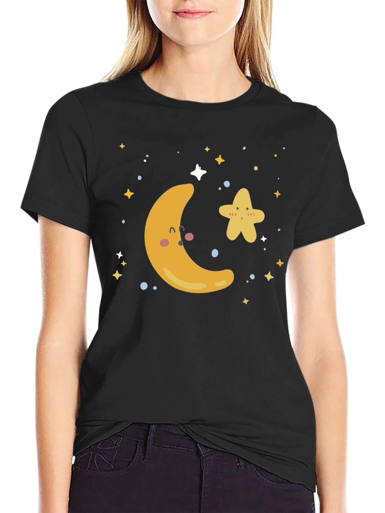 Black Cute Moon & Star Graphic T-Shirt view 2