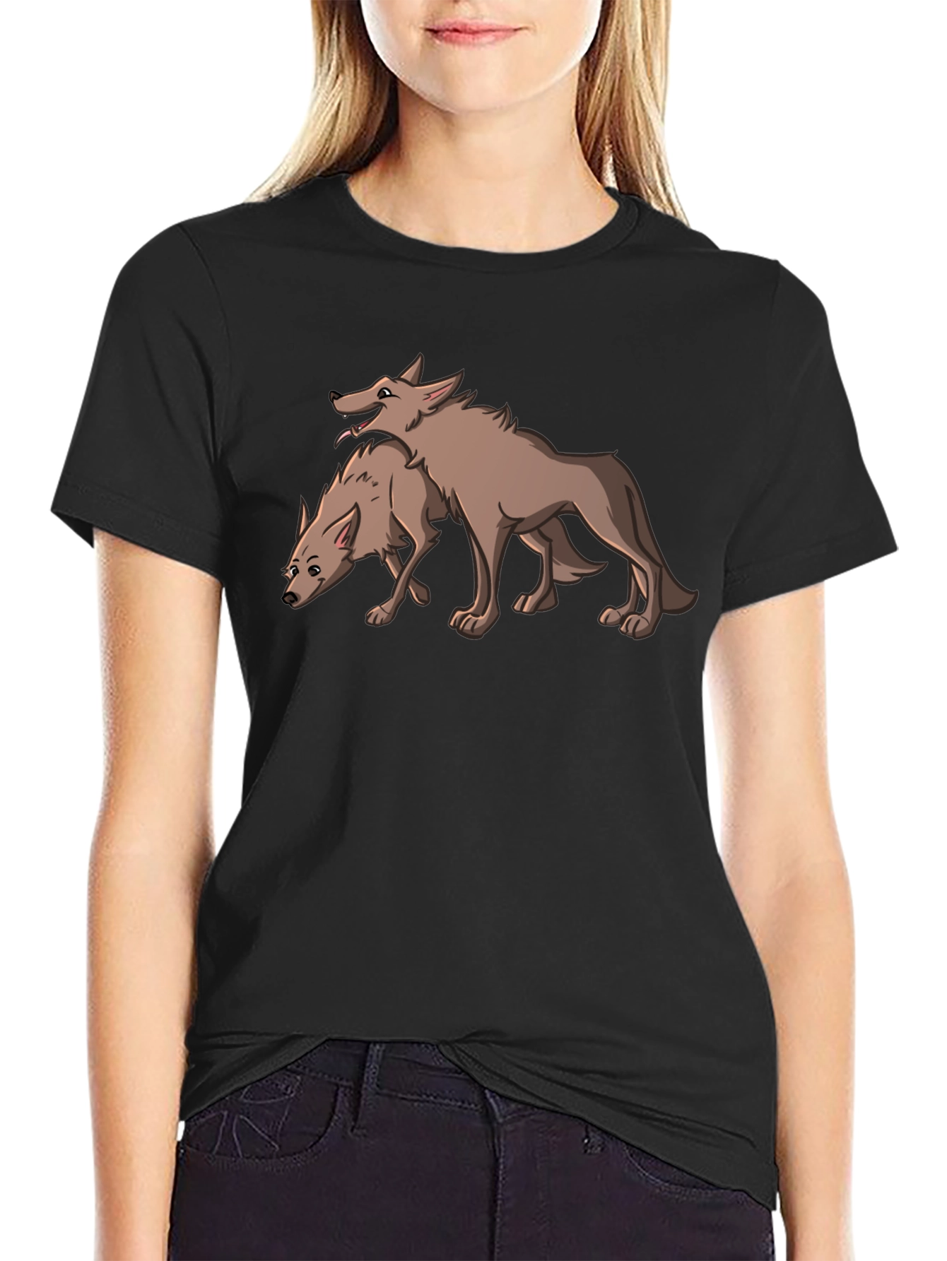 Black Two Wolves Graphic Tee - Stylish Black T-Shirt view 2