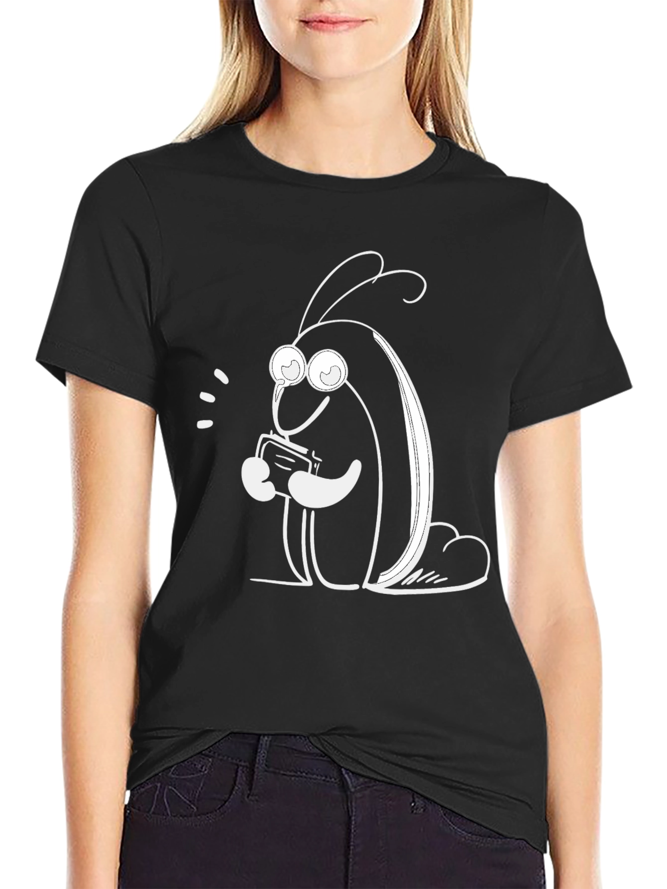 Black Cute Cartoon Bug on Black T-Shirt view 2