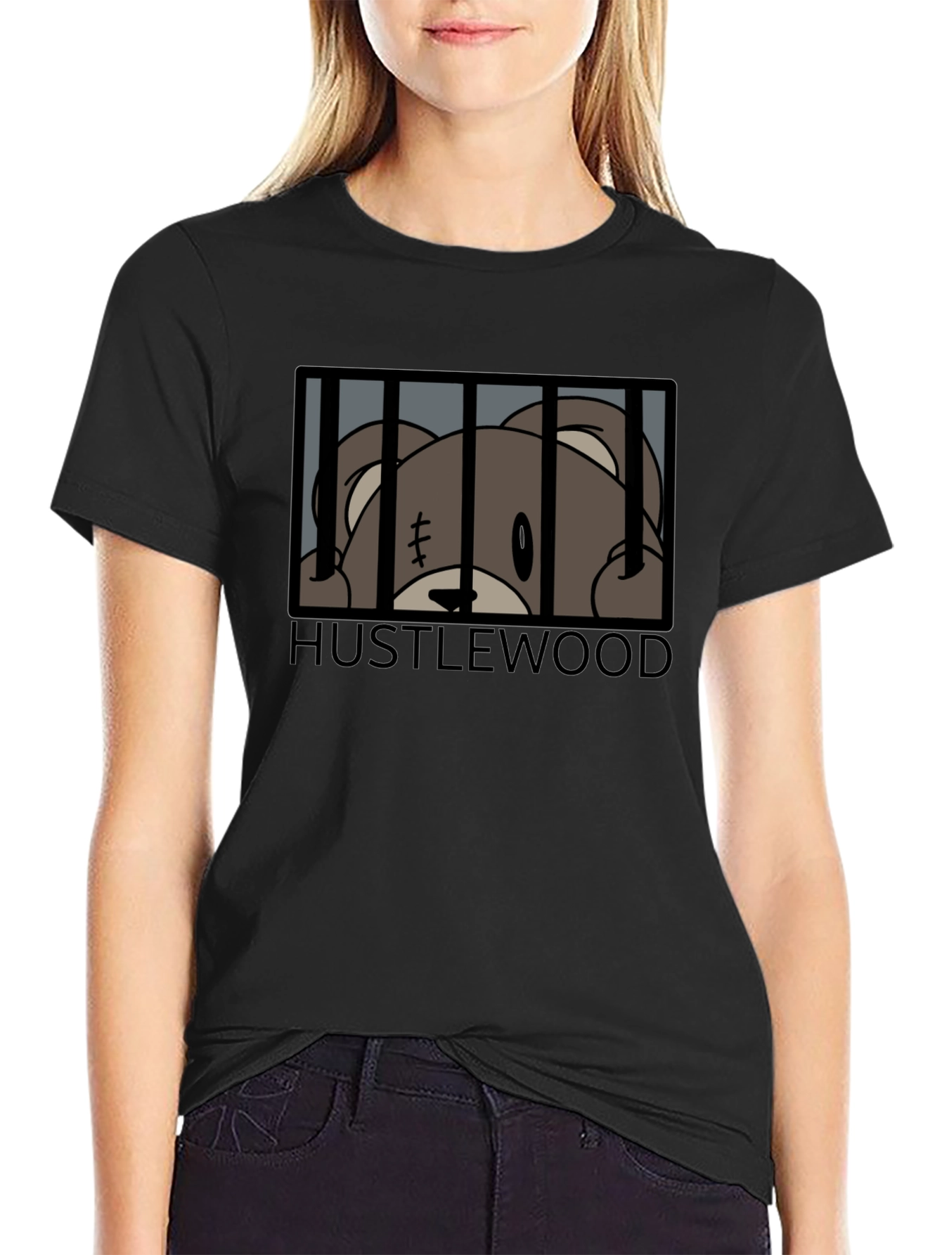 Black Hustlewood Bear Behind Bars Graphic Tee view 2