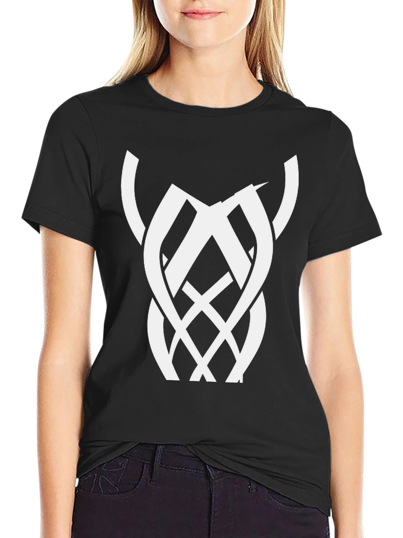 Black Black Graphic Tee with Abstract White Design view 2
