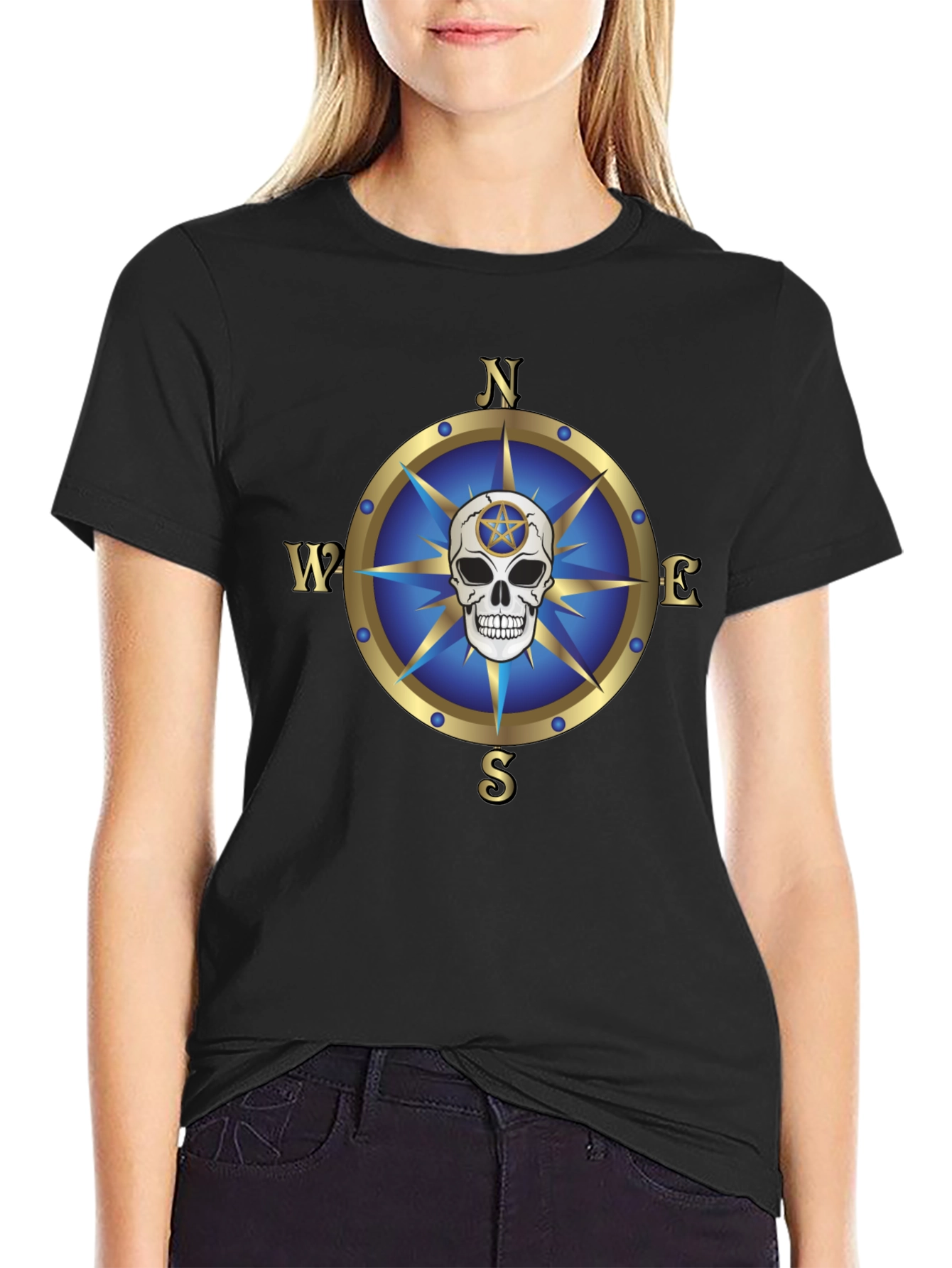 Black Compass Skull Graphic T-Shirt - Bold Black Tee view 2
