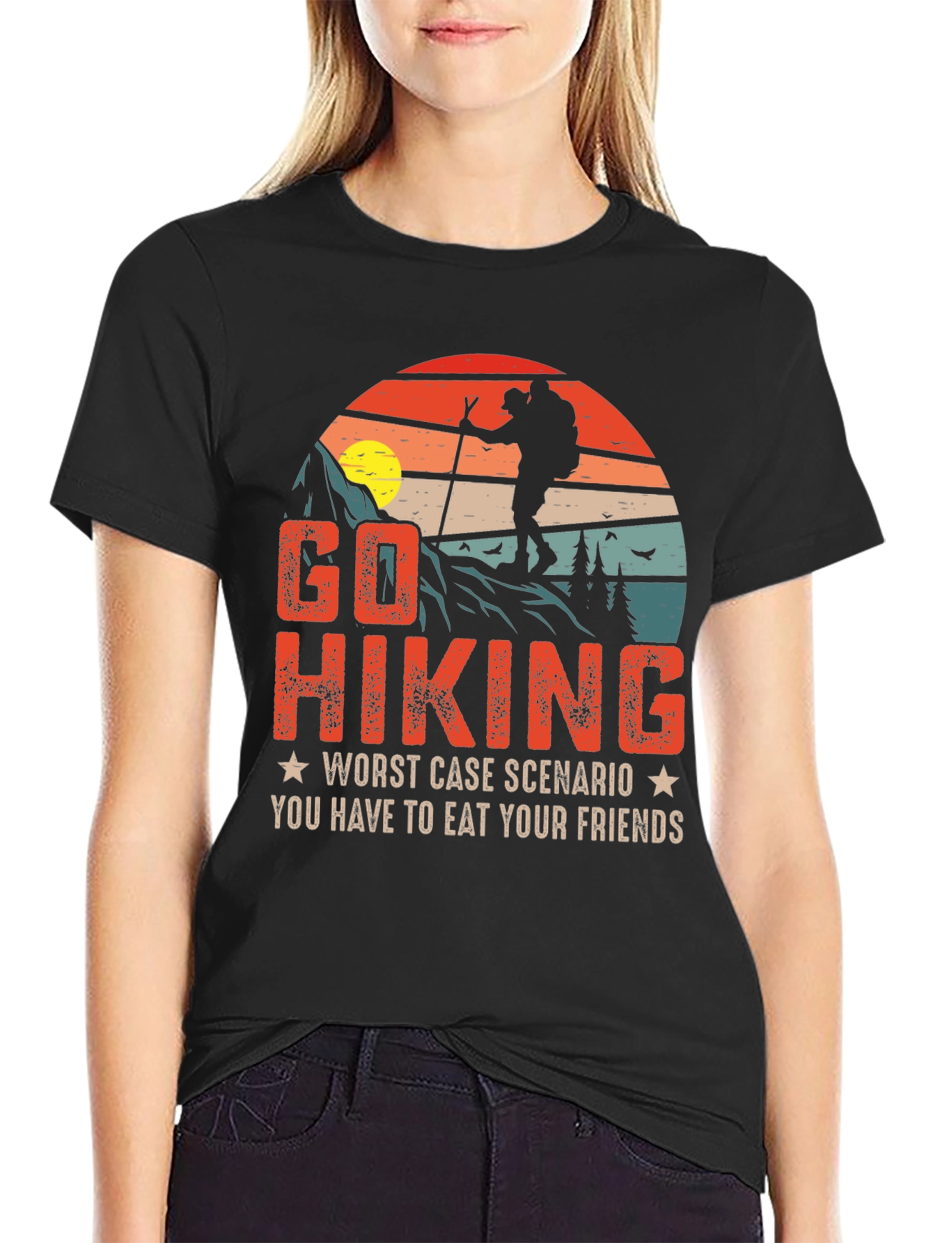 Black Go Hiking Funny Graphic T-Shirt view 2