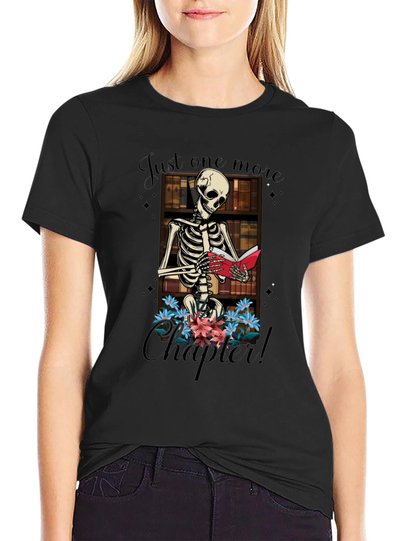 Black Just One More Chapter Skeleton T-Shirt view 2