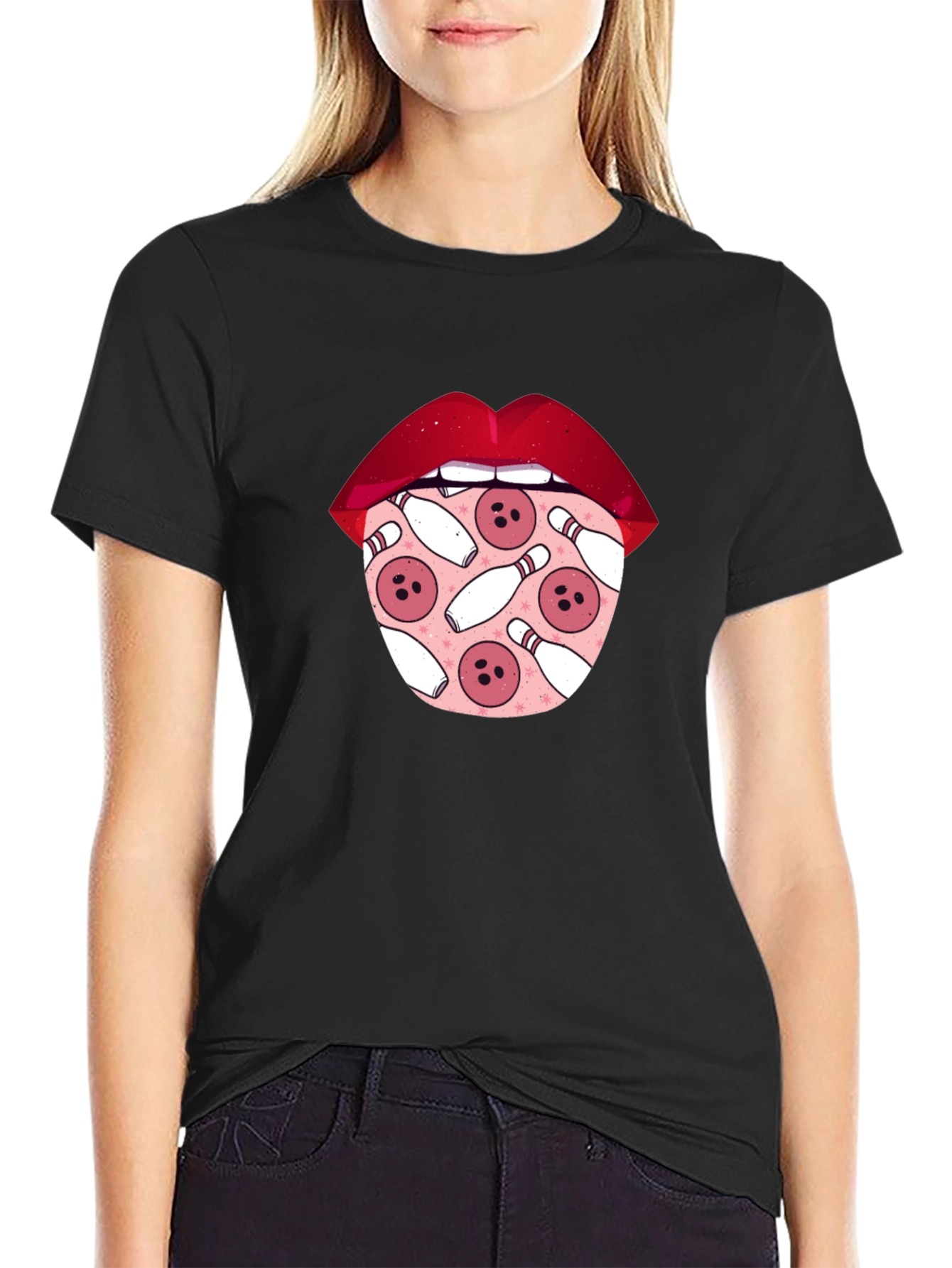 Black Bowling Lips Graphic Tee - Unique Design view 2