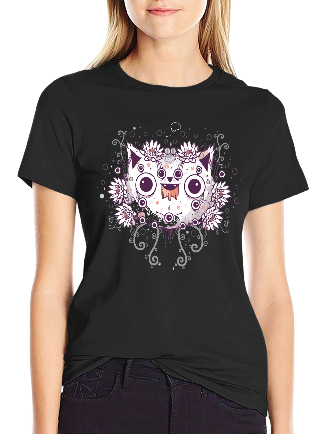 Black Mystical Cat T-Shirt - Floral Design Black Tee view 2