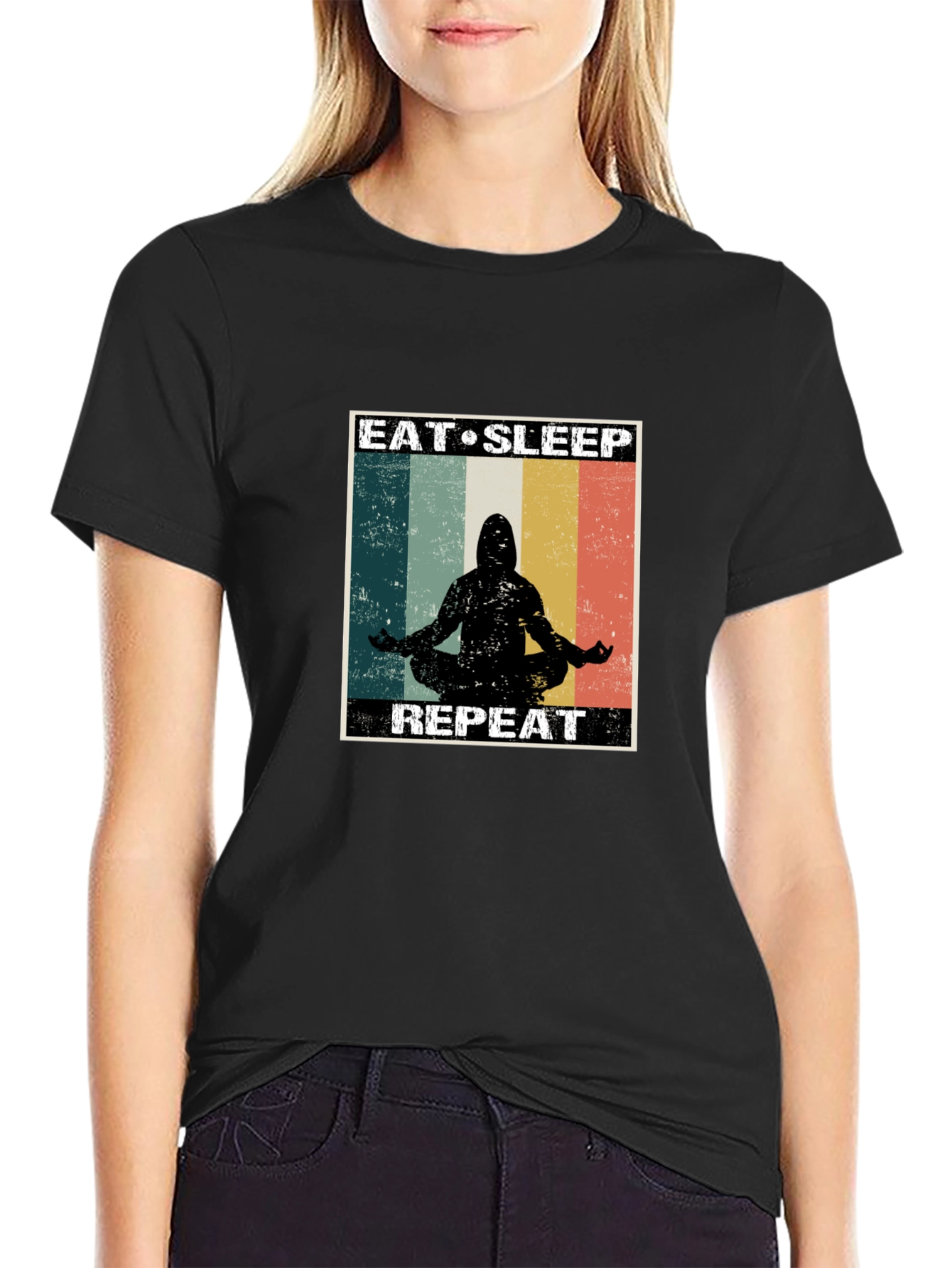 Black Eat Sleep Meditate Repeat Black T-Shirt view 2