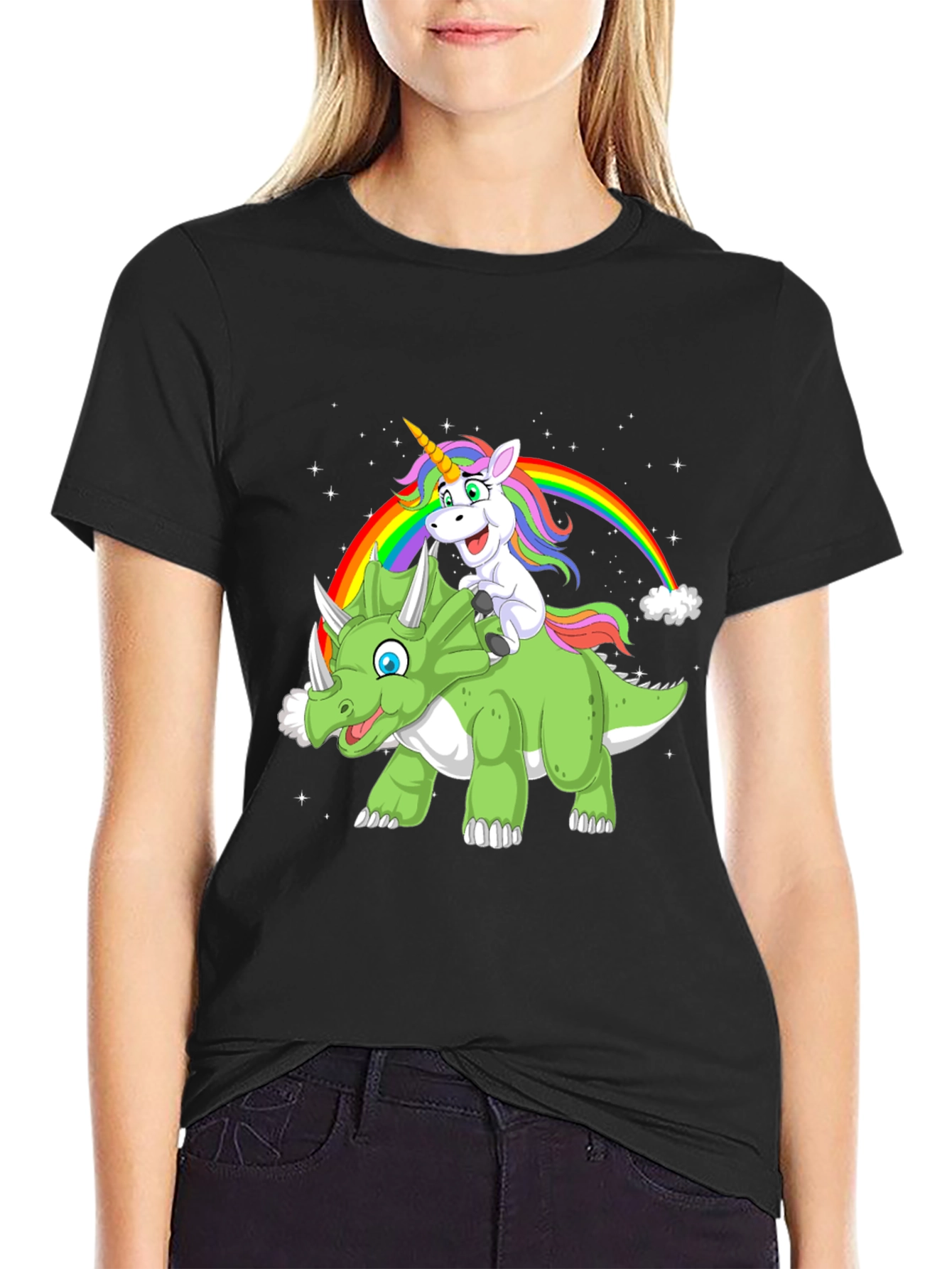 Black Unicorn & Dinosaur Graphic T-Shirt view 2