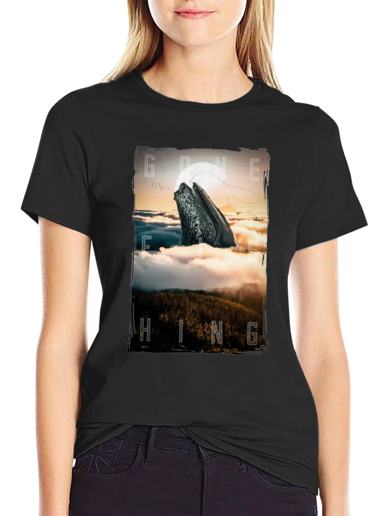 Black Gone Hiking Whale Graphic Tee - Black Cotton T-Shirt view 2