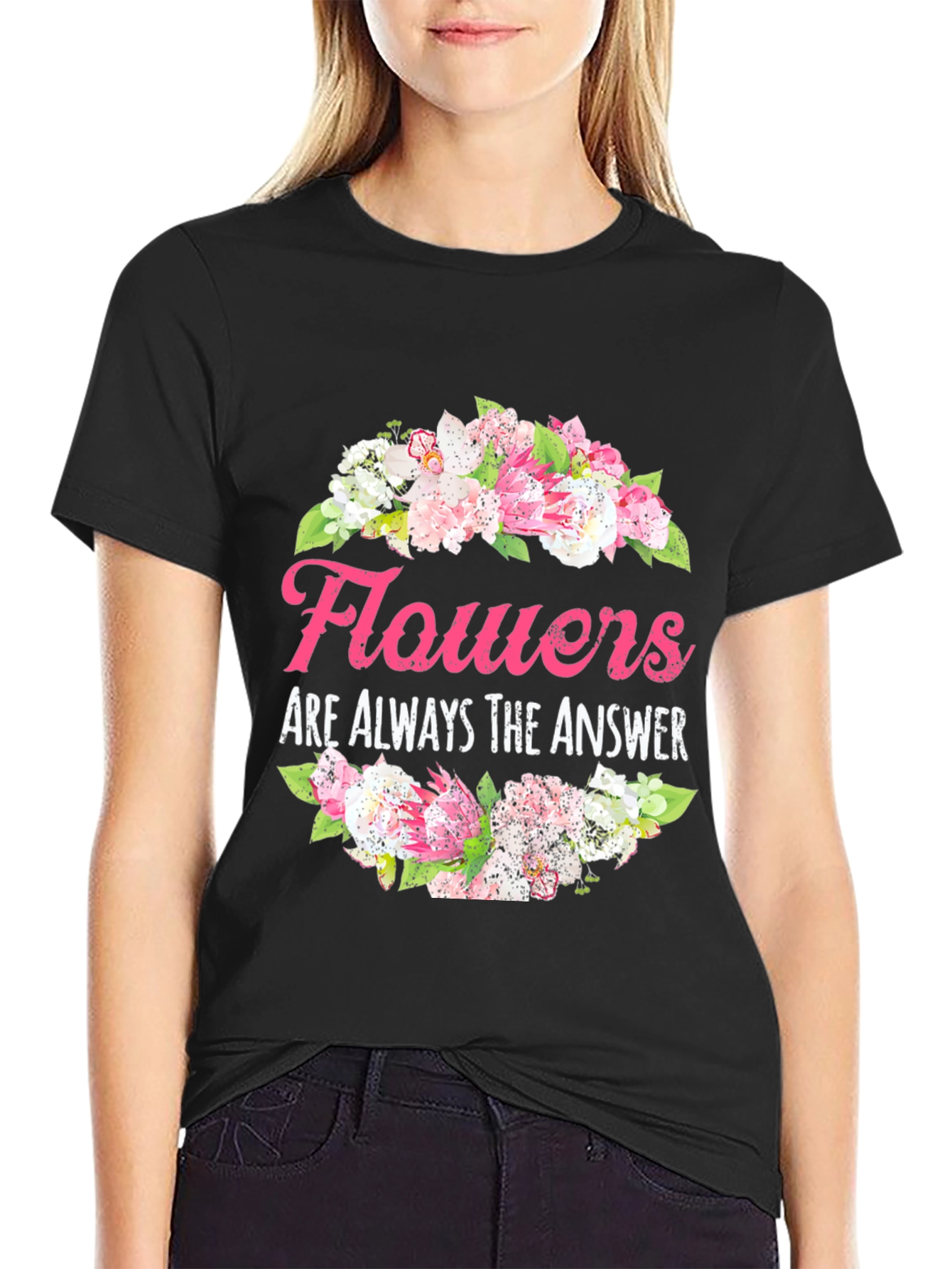 Black Floral Answer T-Shirt - Stylish Graphic Tee view 2