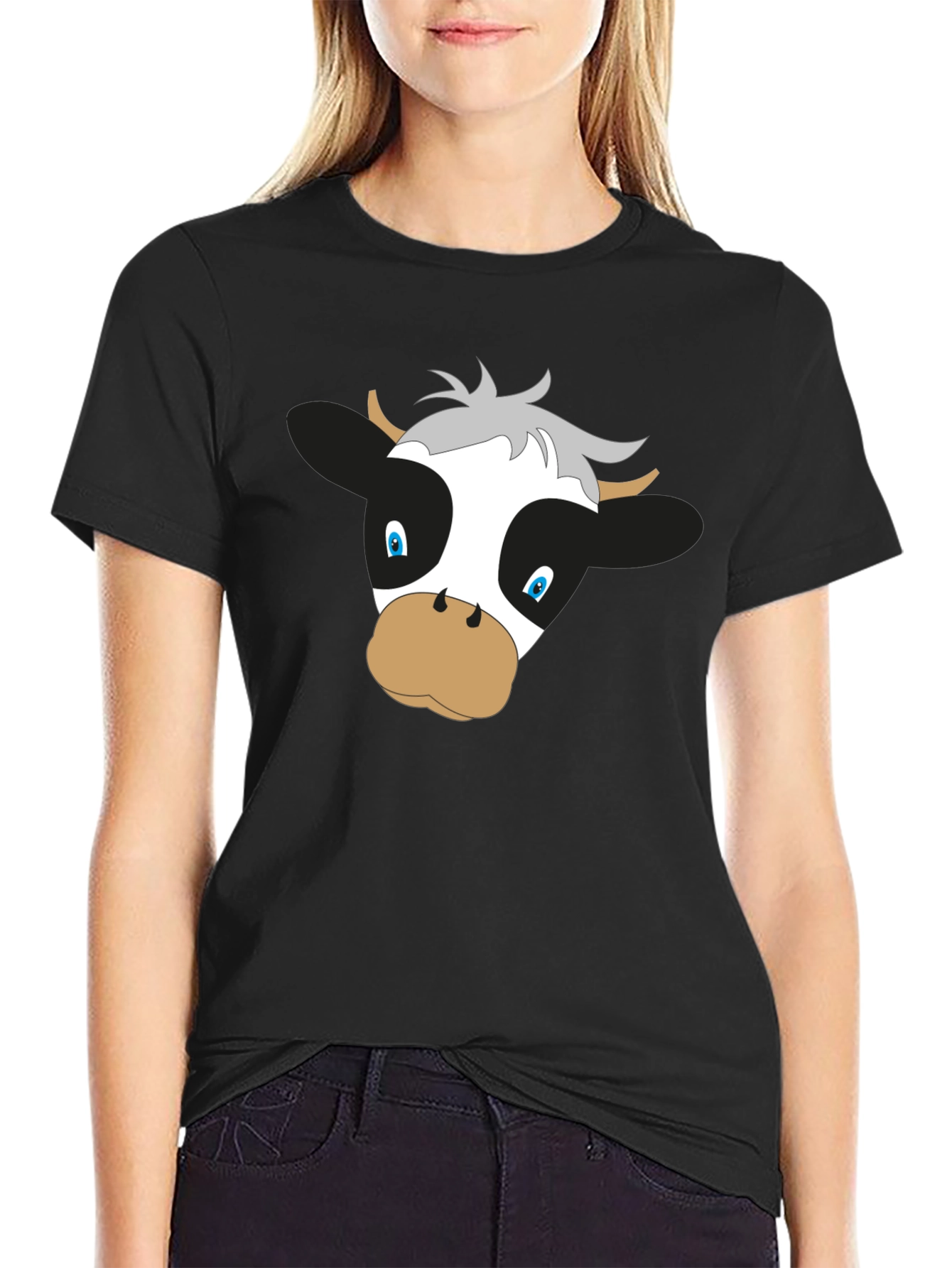 Black Cartoon Cow Graphic Black T-Shirt view 2