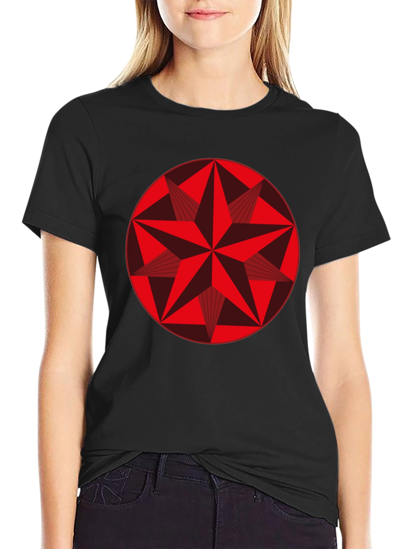 Black Geometric Star Graphic Tee - Stylish Black Cotton Shirt view 2